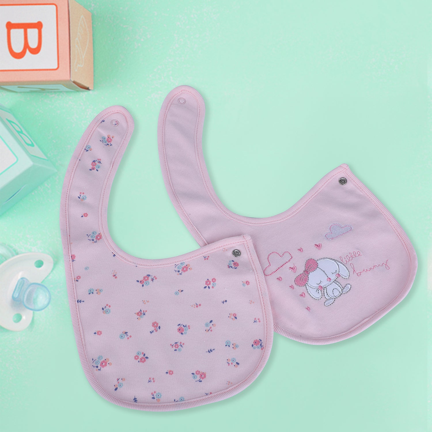 Baby Moo Little Bunny Cotton 2 Pack Buttoned Feeding Bibs - Pink - Baby Moo
