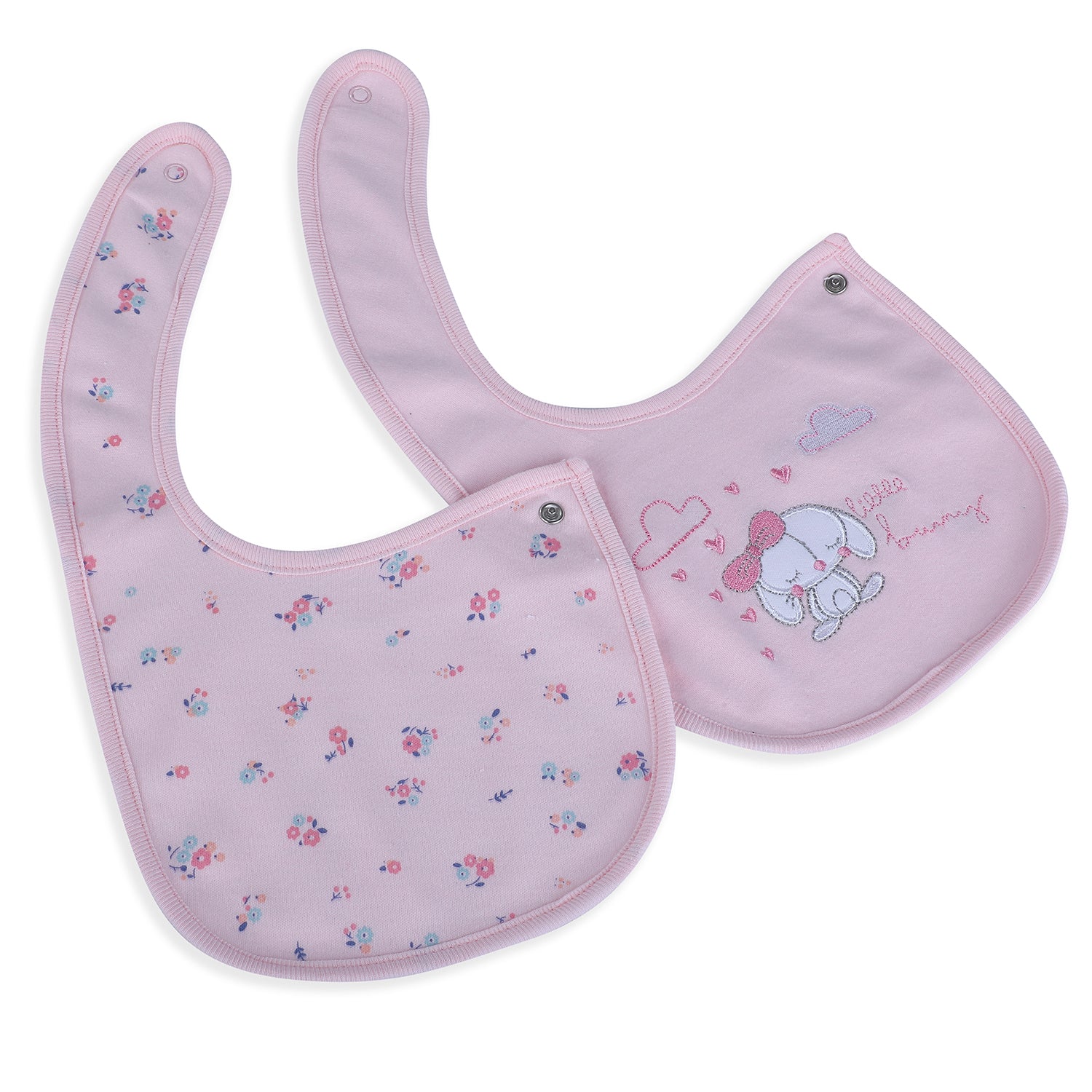 Baby Moo Little Bunny Cotton 2 Pack Buttoned Feeding Bibs - Pink - Baby Moo