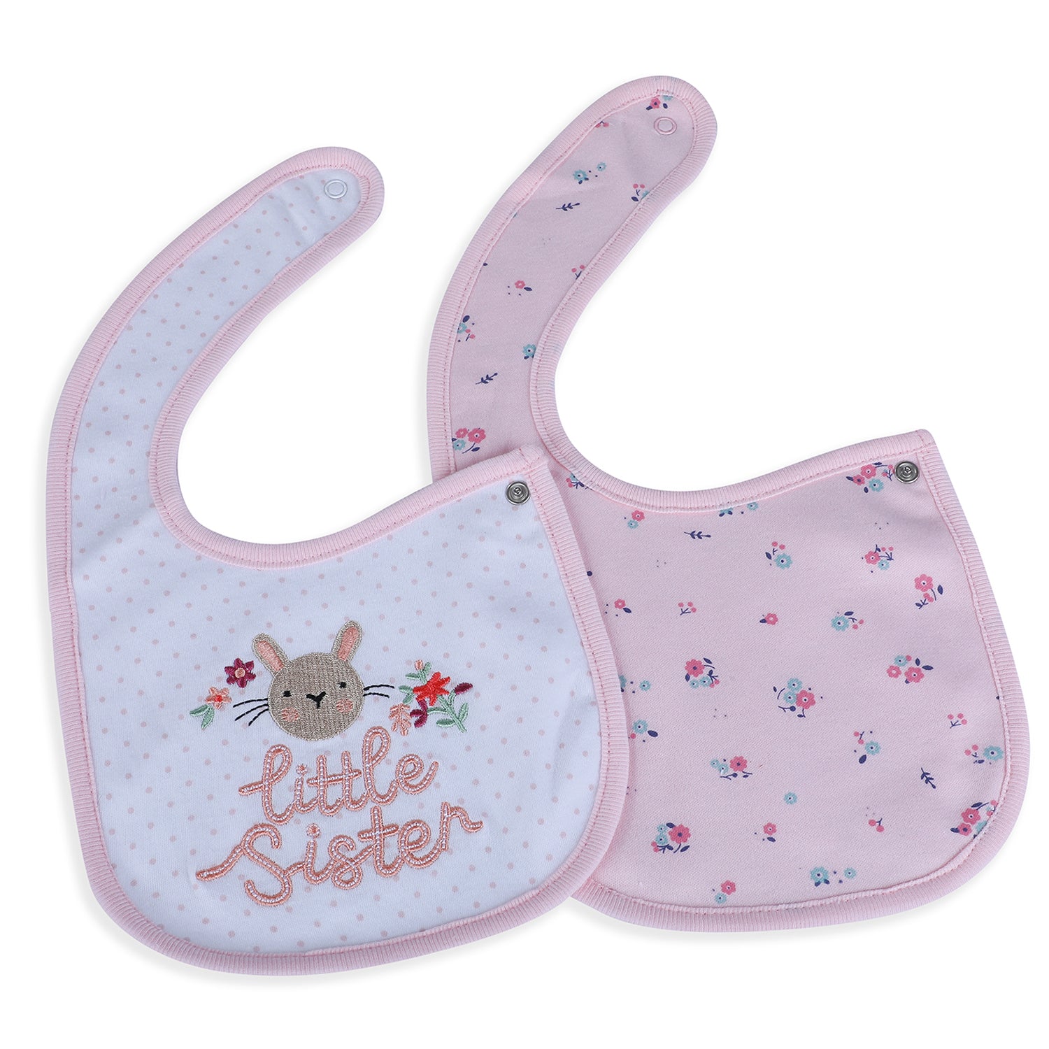 Baby Moo Little Sister Cotton 2 Pack Buttoned Feeding Bibs - Pink - Baby Moo