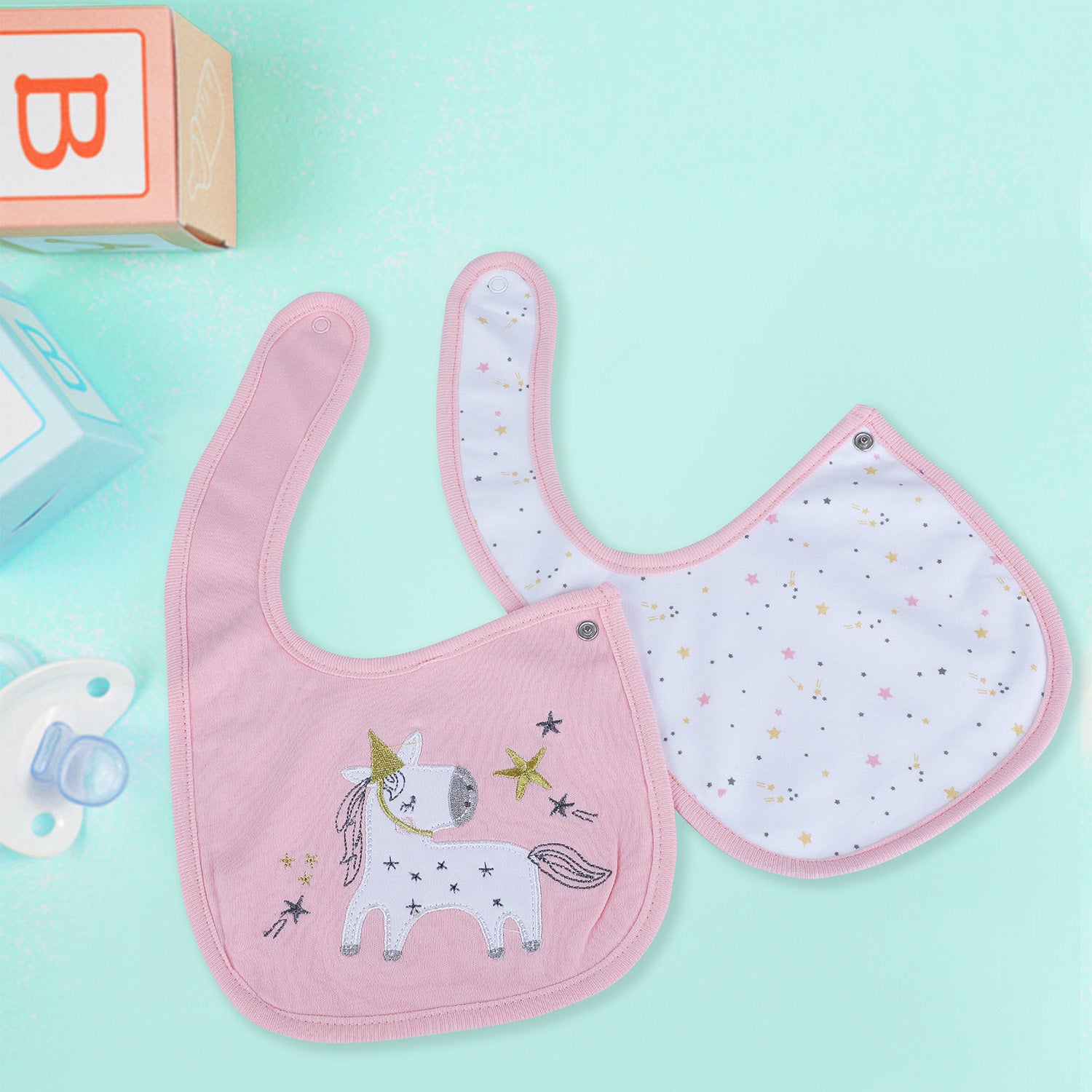 Baby Moo Unicorn Star Cotton 2 Pack Buttoned Feeding Bibs - Pink - Baby Moo