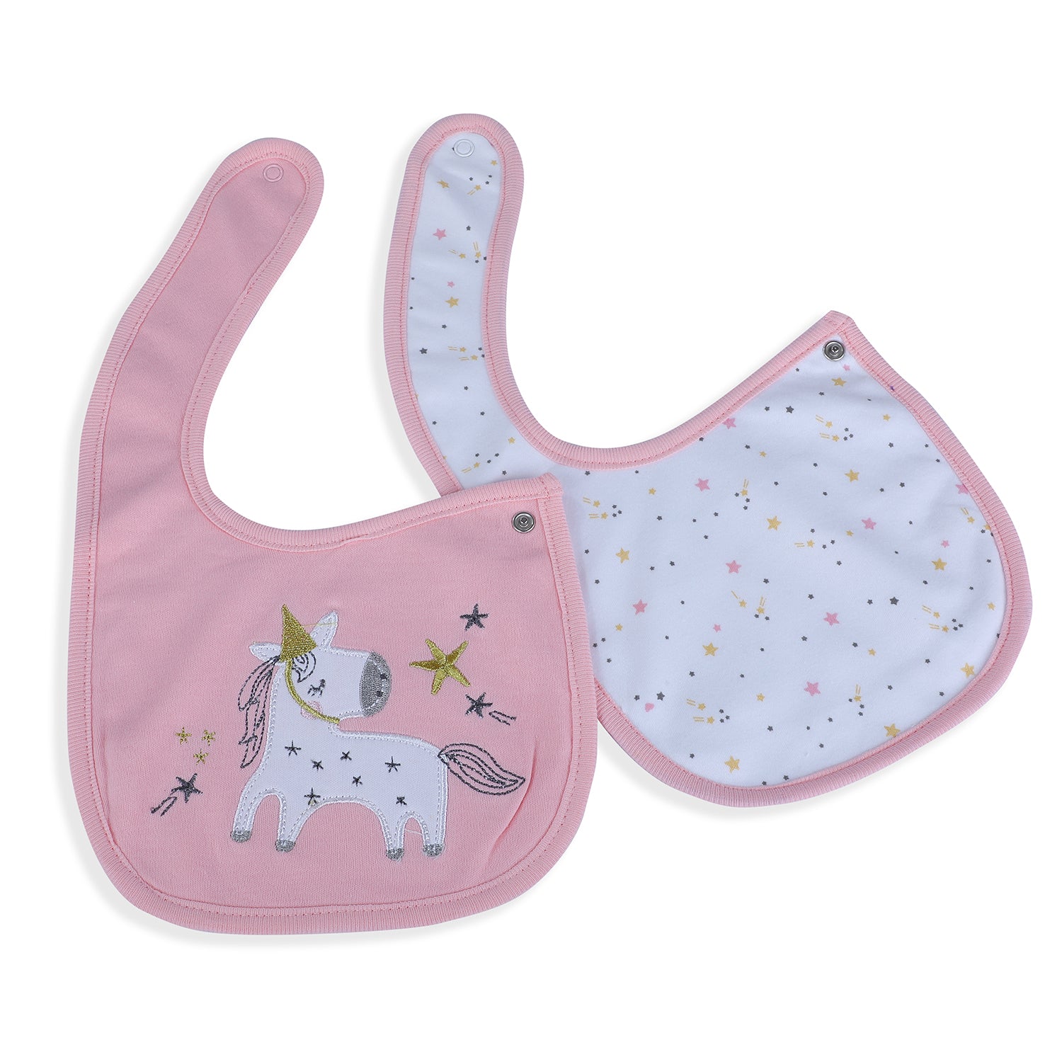 Baby Moo Unicorn Star Cotton 2 Pack Buttoned Feeding Bibs - Pink - Baby Moo