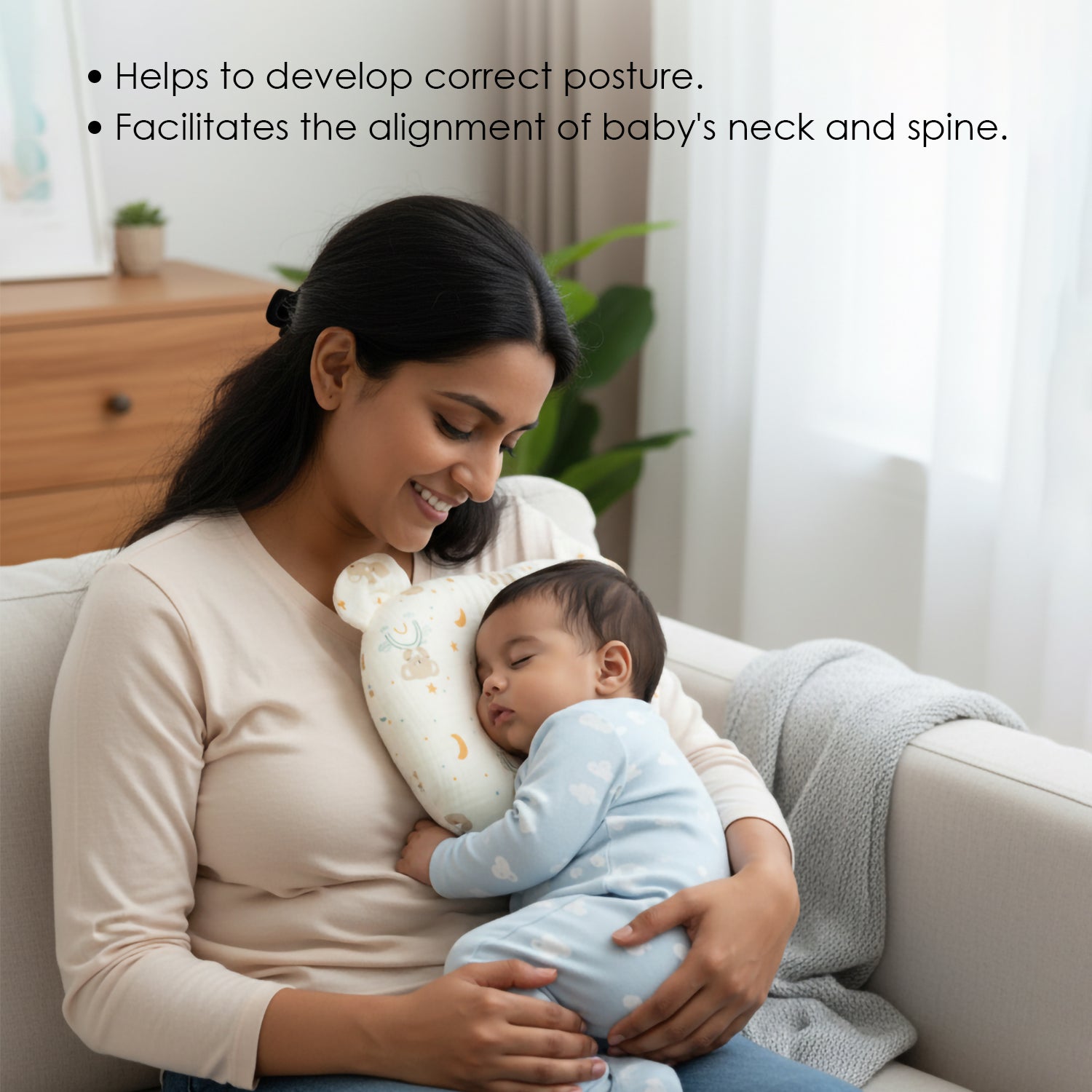 Baby Moo 3D Ear Design Koala Print Muslin Head Shaping Neck Support Pillow - Cream