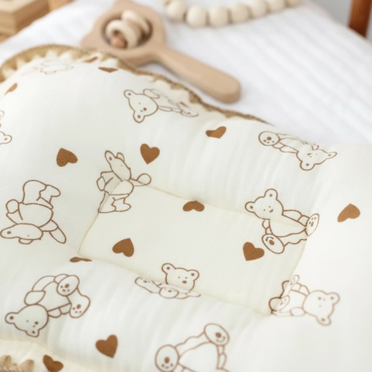 Baby Moo Rectangular Teddy Print Breathable Muslin Head Shaping Neck Support Pillow - Cream