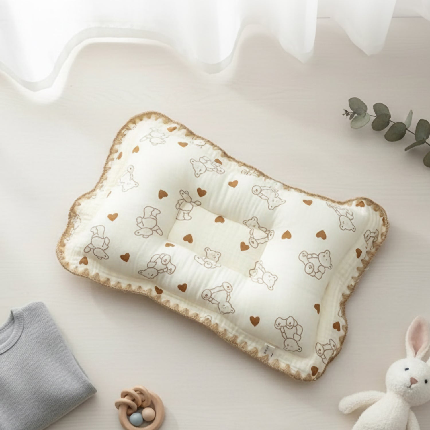 Baby Moo Rectangular Teddy Print Breathable Muslin Head Shaping Neck Support Pillow - Cream