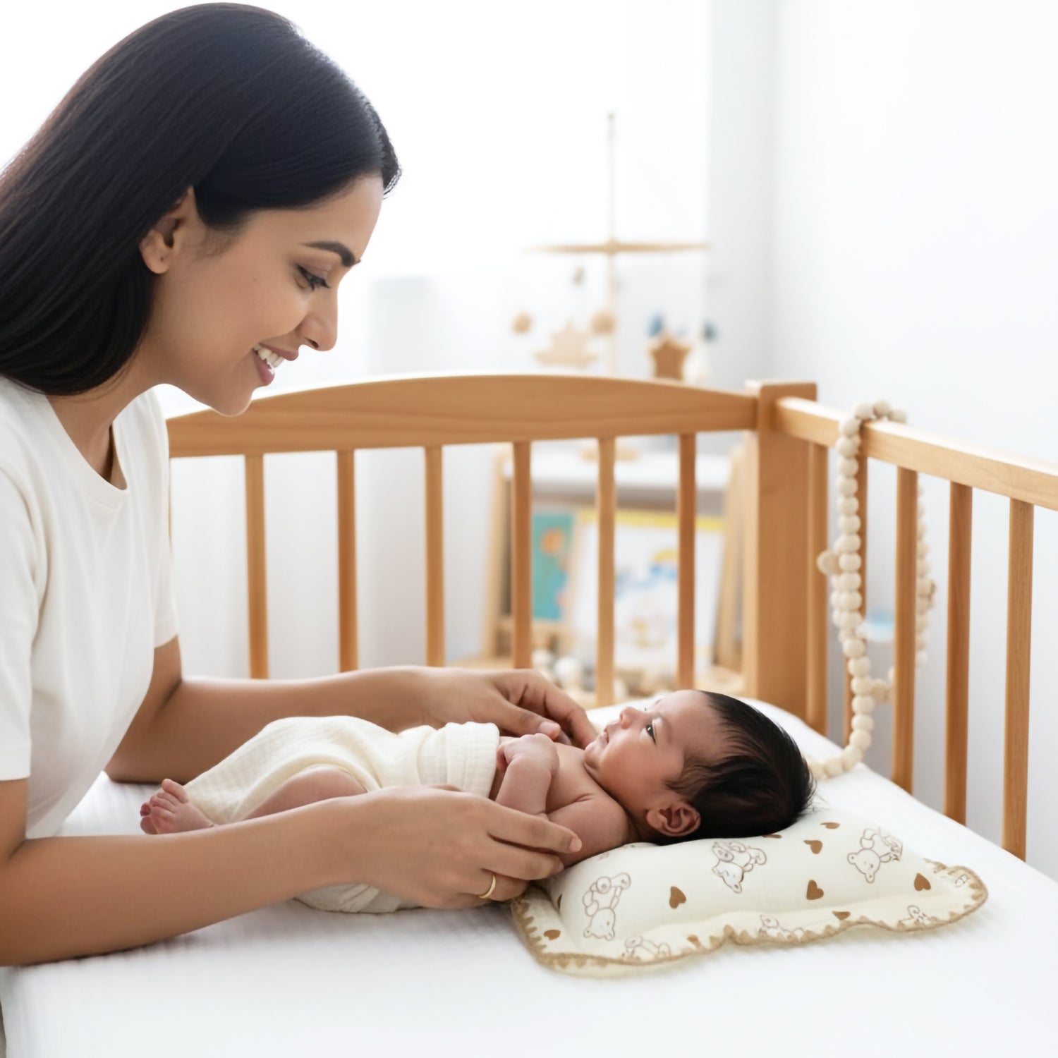 Baby Moo Rectangular Teddy Print Breathable Muslin Head Shaping Neck Support Pillow - Cream