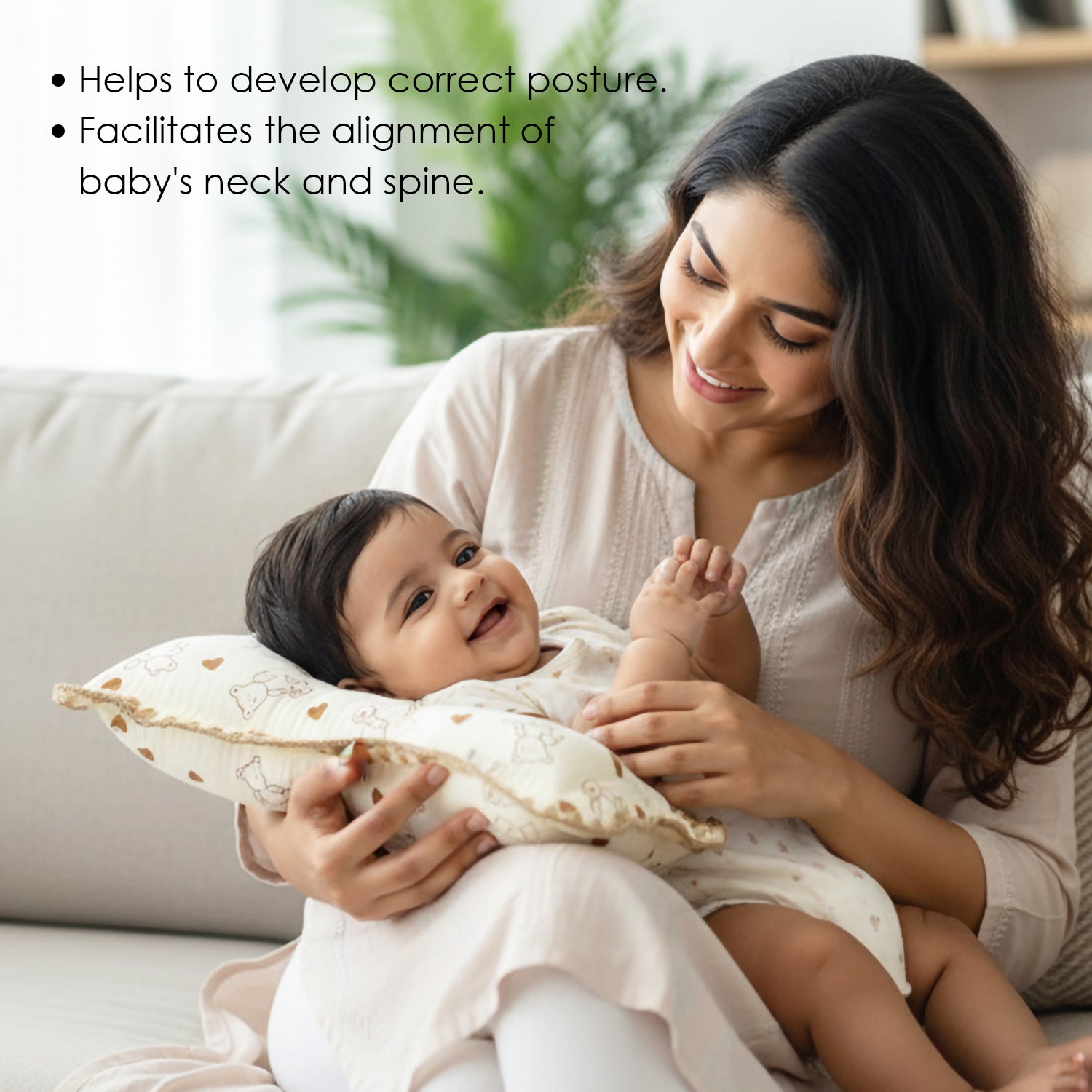 Baby Moo Rectangular Teddy Print Breathable Muslin Head Shaping Neck Support Pillow - Cream