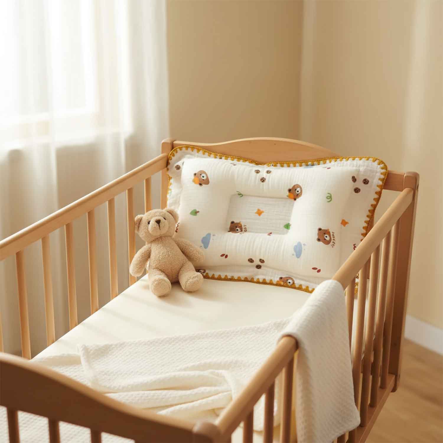 Baby Moo Rectangular Bear Print Breathable Muslin Head Shaping Neck Support Pillow - White