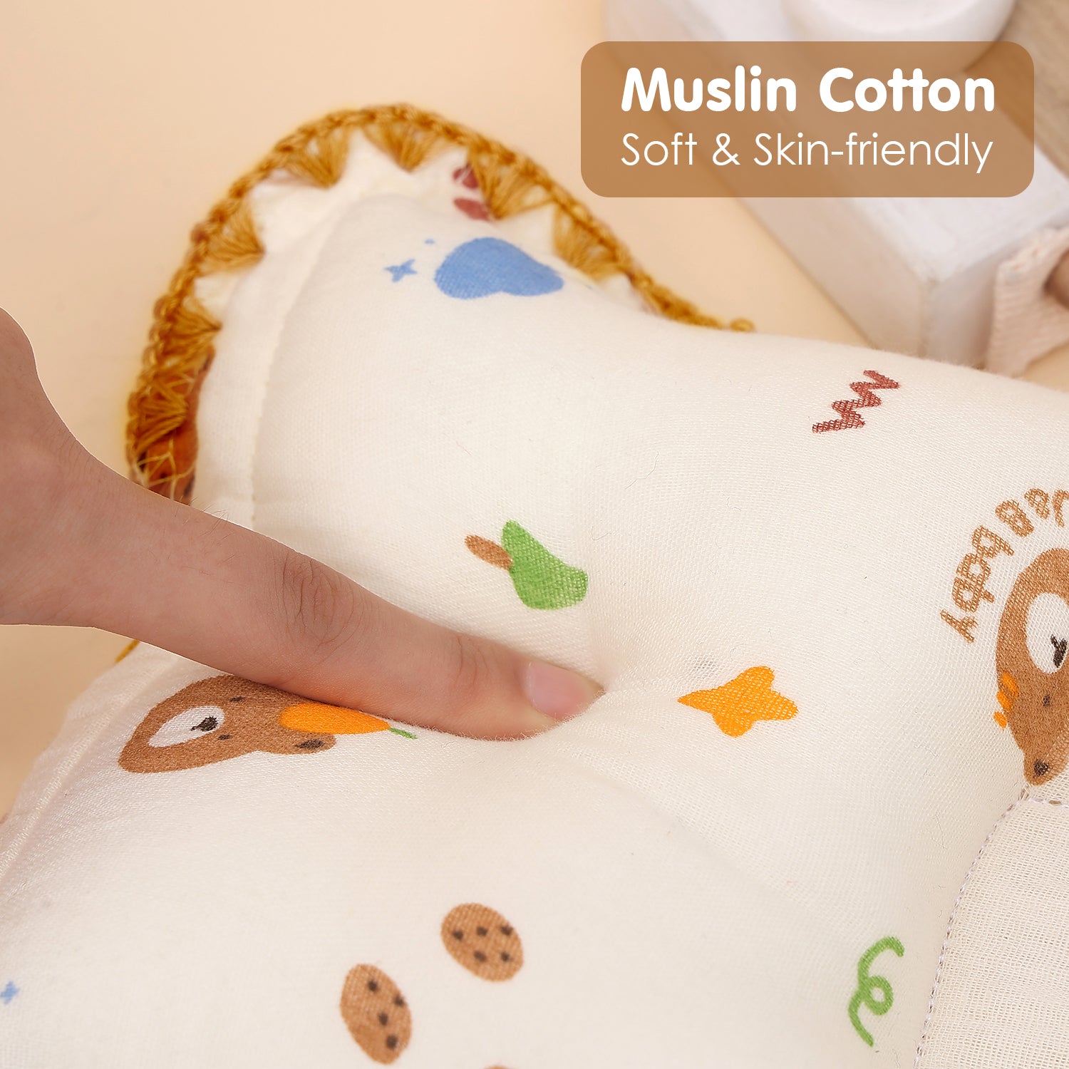 Baby Moo Rectangular Bear Print Breathable Muslin Head Shaping Neck Support Pillow - White