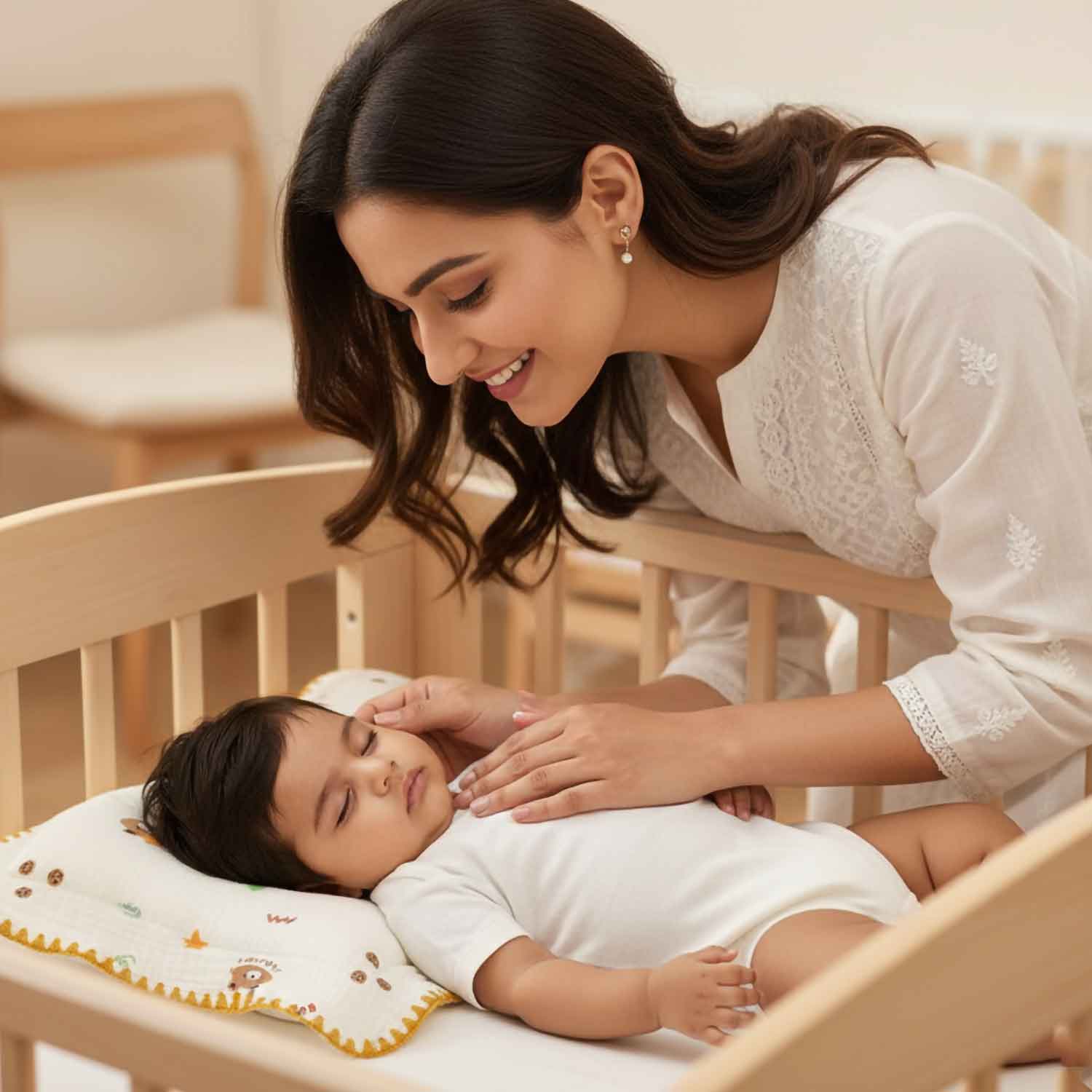 Baby Moo Rectangular Bear Print Breathable Muslin Head Shaping Neck Support Pillow - White