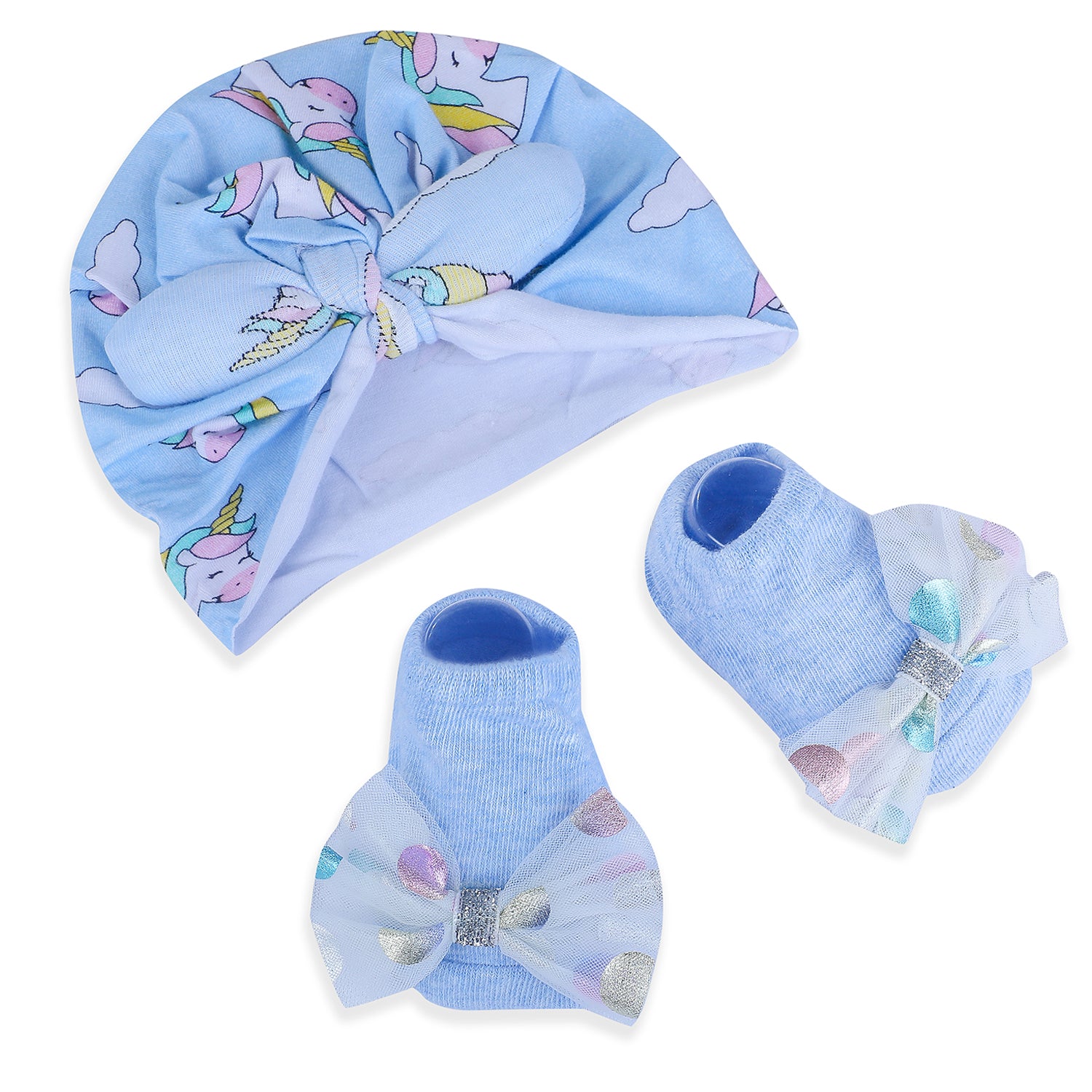 Baby Moo Unicorn Shiny Bow Matching Cap And Socks Set - Blue - Baby Moo