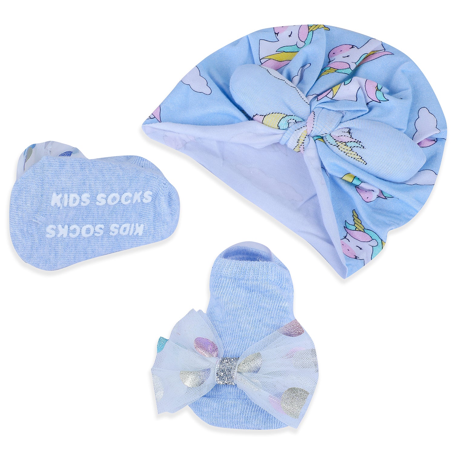 Baby Moo Unicorn Shiny Bow Matching Cap And Socks Set - Blue - Baby Moo