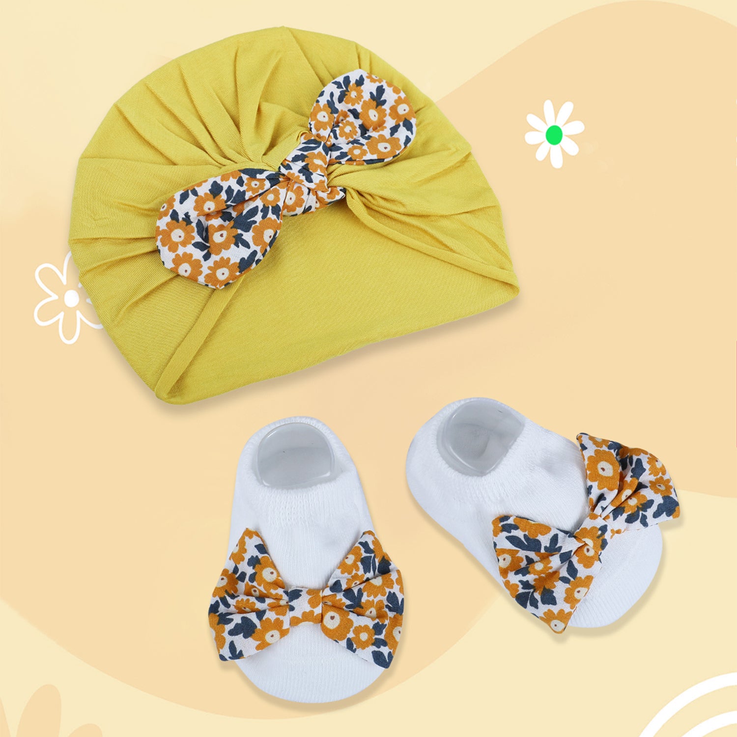Baby Moo Floral Bow Matching Cap And Socks Set - Yellow - Baby Moo