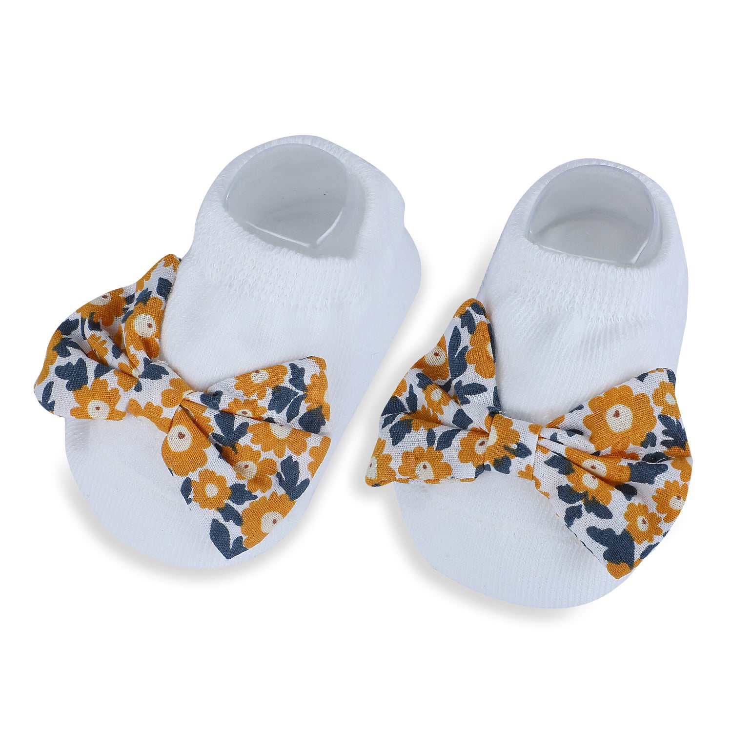 Baby Moo Floral Bow Matching Cap And Socks Set - Yellow - Baby Moo
