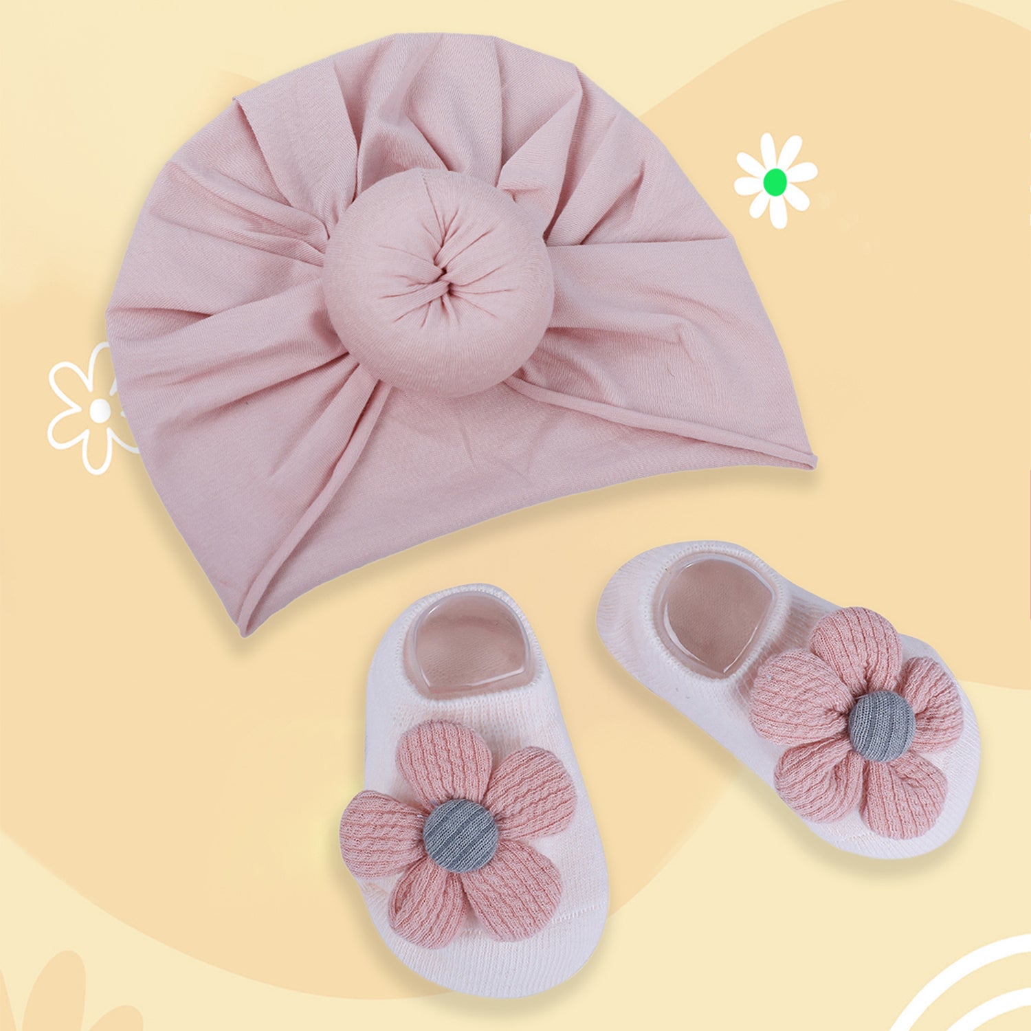 Baby Moo 3D Knot Turban Cap And Matching Floral Socks Set - Pink - Baby Moo