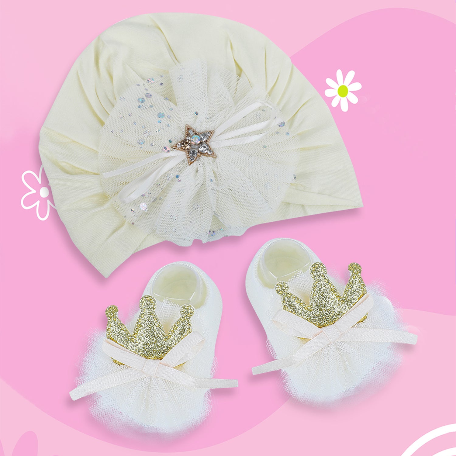 Baby Moo Royal Princess Crown Matching Cap And Socks Set - Yellow - Baby Moo