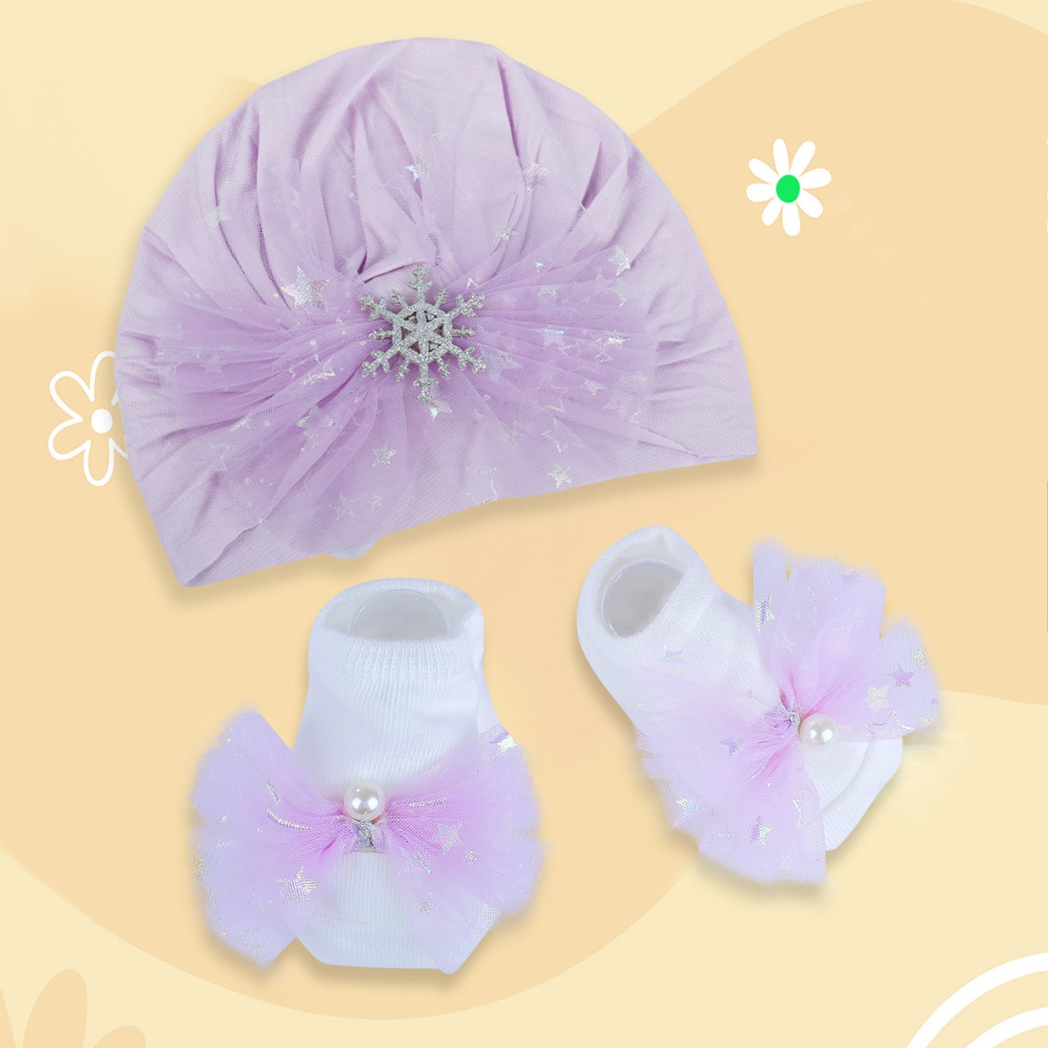 Baby Moo Elegant Pearl Matching Cap And Socks Set - Purple - Baby Moo