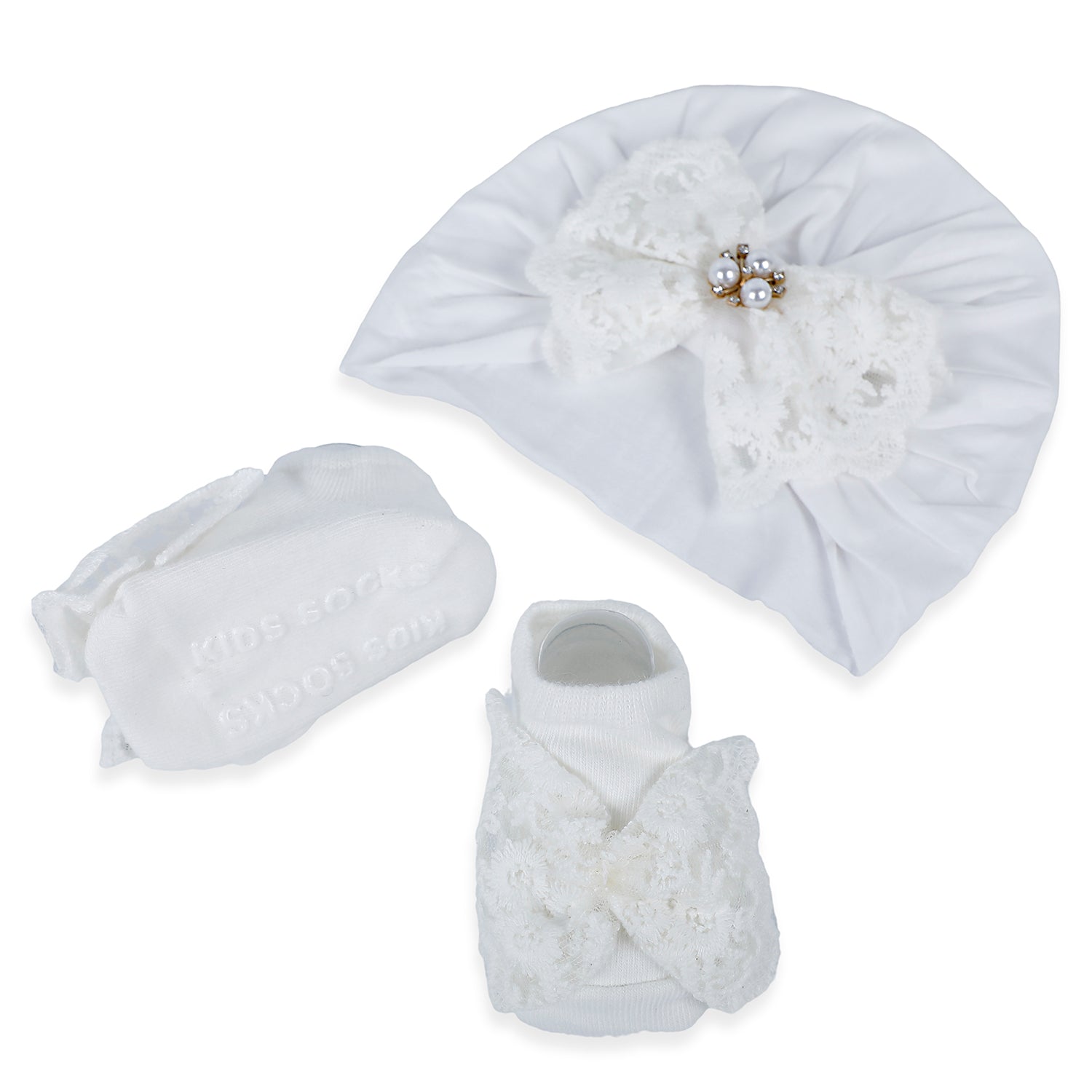 Baby Moo Royal Princess Bow Matching Socks And Cap Set - White