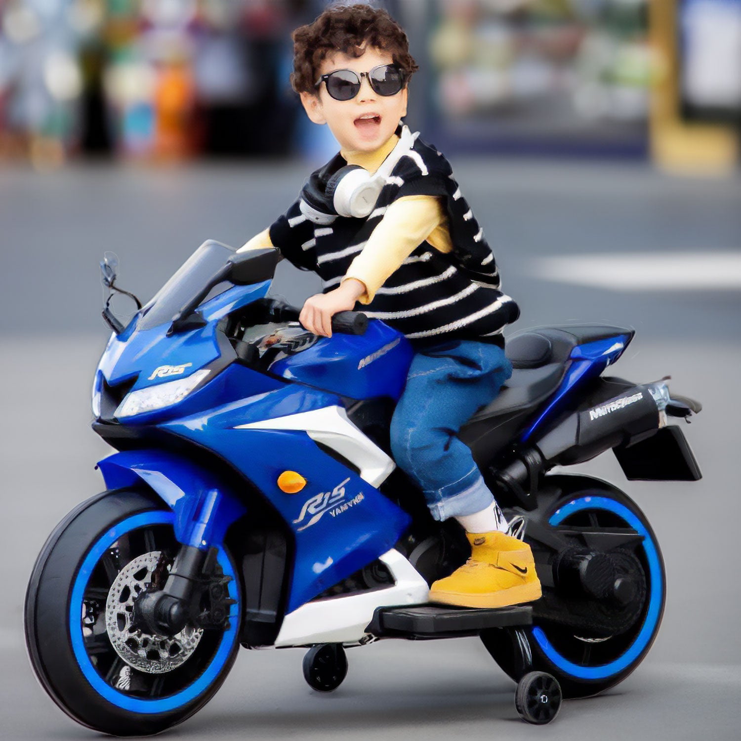 Baby Moo R15 Rechargeable 12V Battery Operated Ride On Bike for Kids with LED Lights, Music, and USB Port - Blue