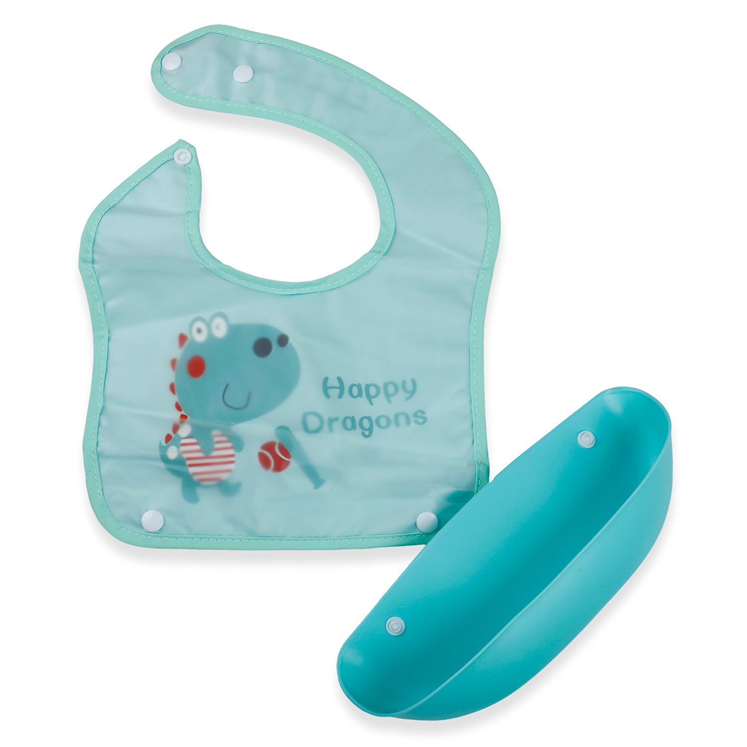 Baby Moo Happy Dragons Premium Waterproof Crumb Catcher Bibs - Turquoise