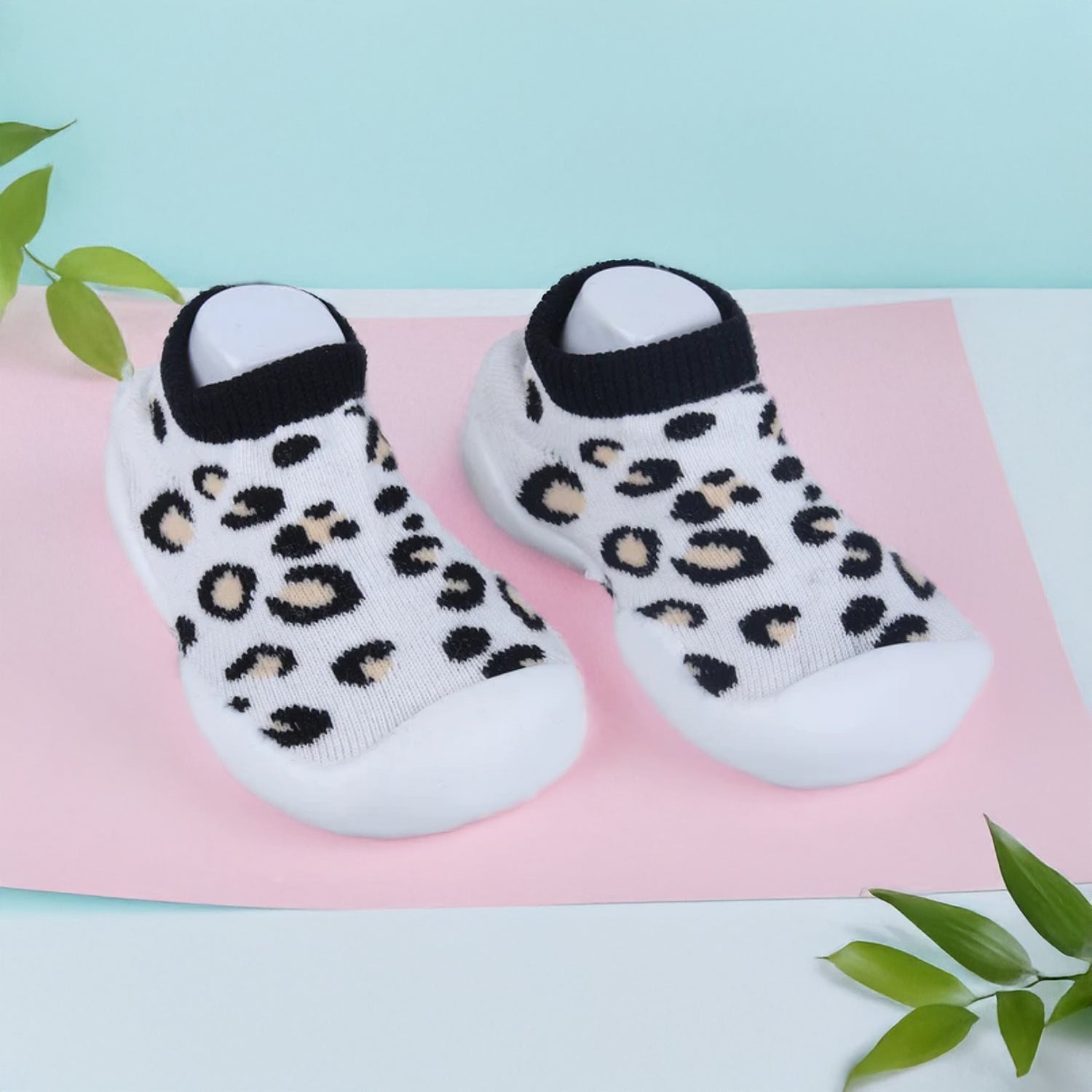 Baby Moo Leopard Print Rubber Comfortable Sole Slip-On Sock Shoes - White