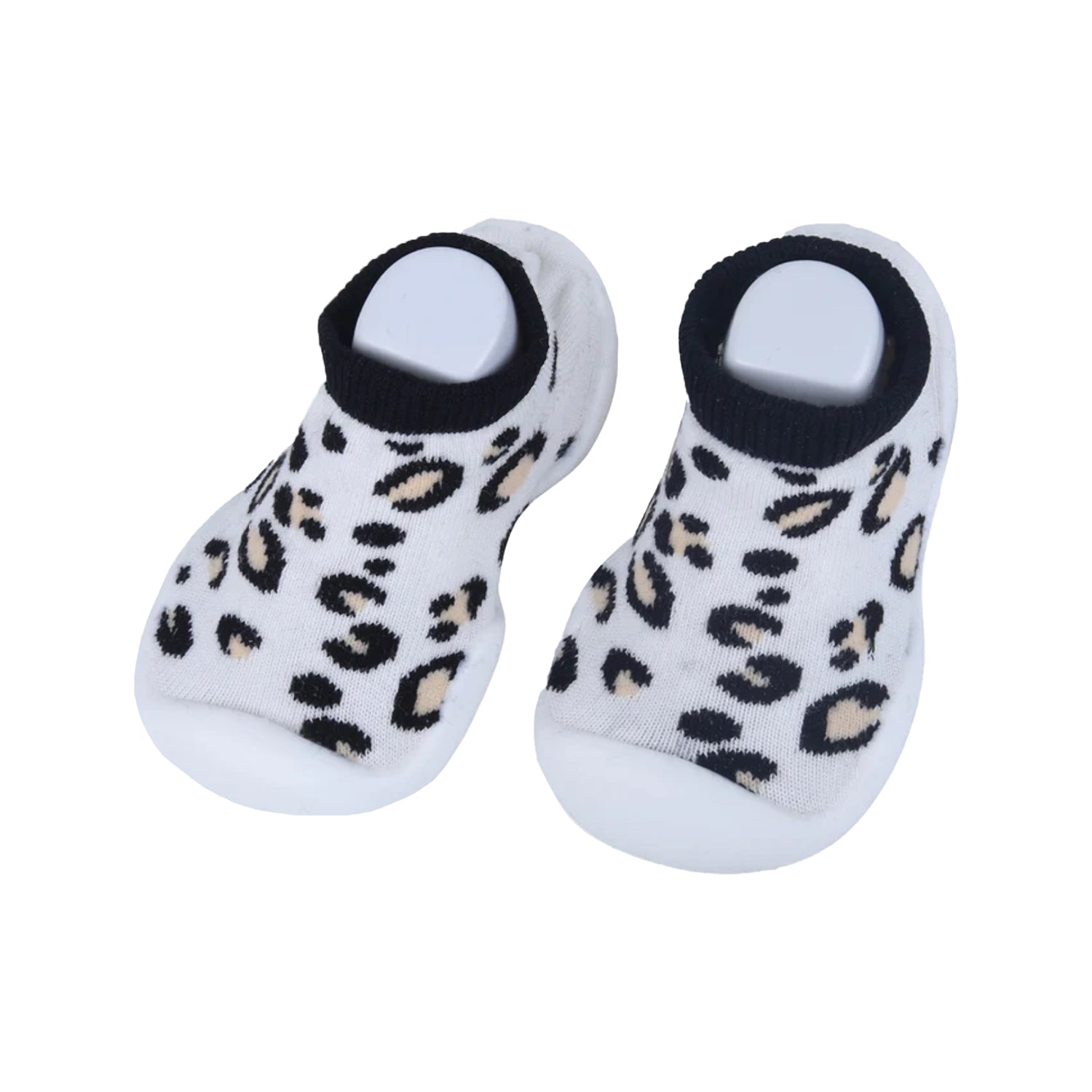 Baby Moo Leopard Print Rubber Comfortable Sole Slip-On Sock Shoes - White