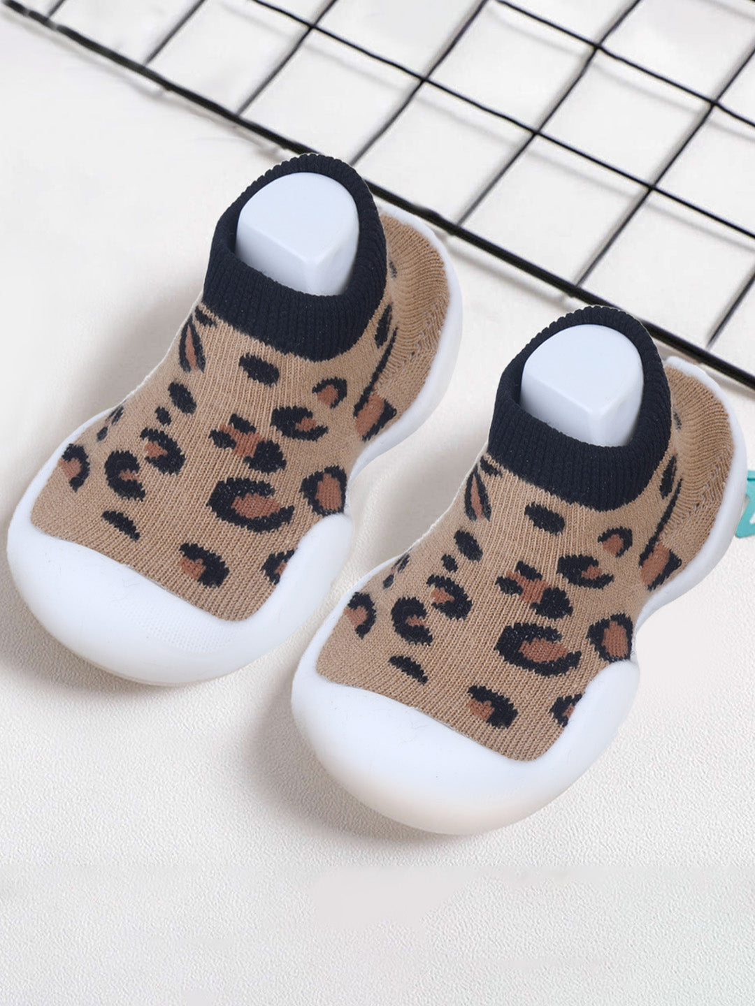 Baby Moo Leopard Print Rubber Comfortable Sole Slip-On Sock Shoes - Brown