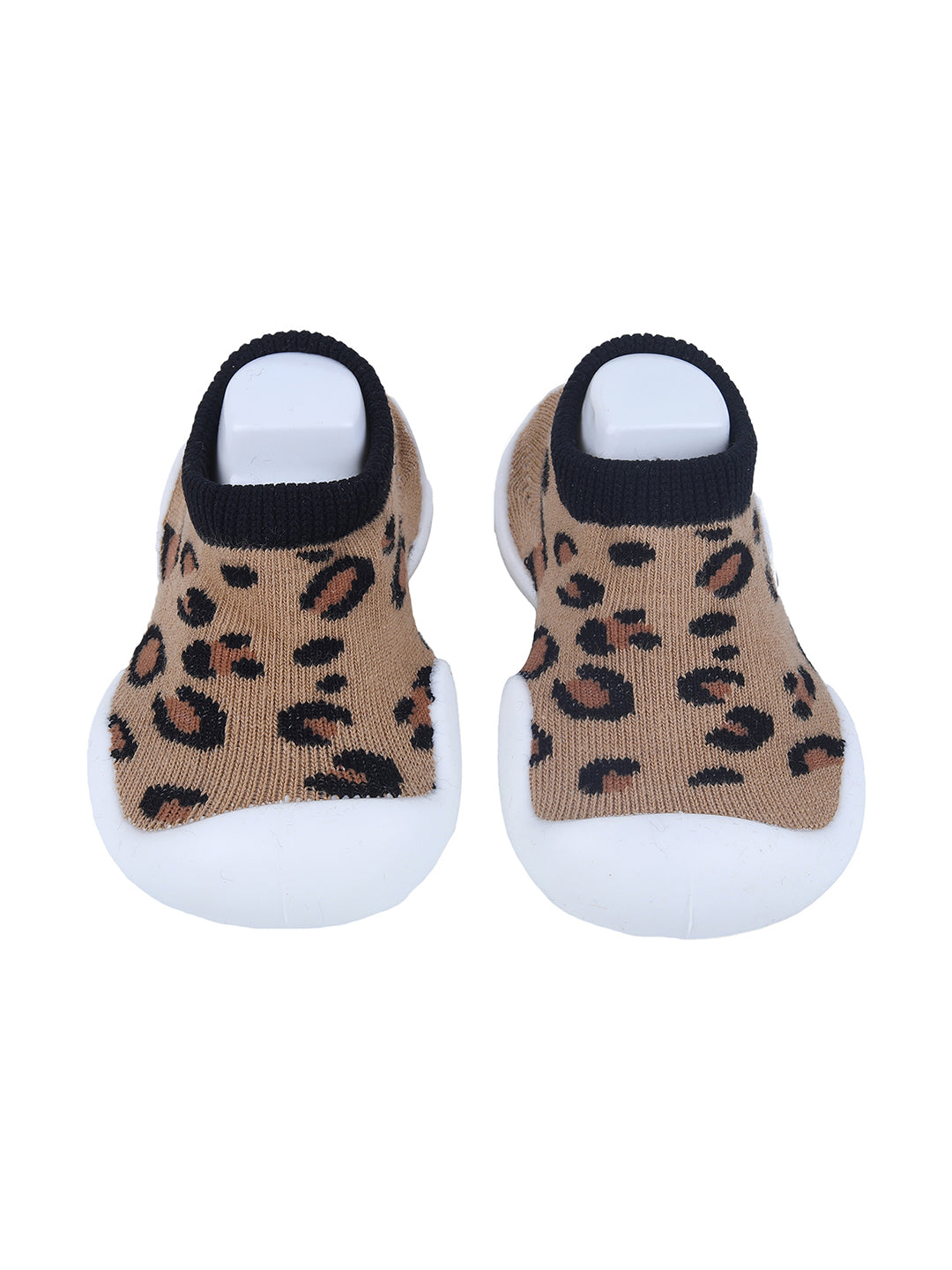 Baby Moo Leopard Print Rubber Comfortable Sole Slip-On Sock Shoes - Brown