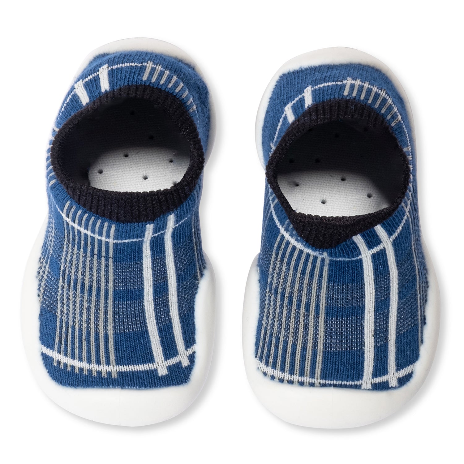 Baby Moo Checked Anti-Skid Rubber Sole Comfy Slip-On Sock Shoes - Blue