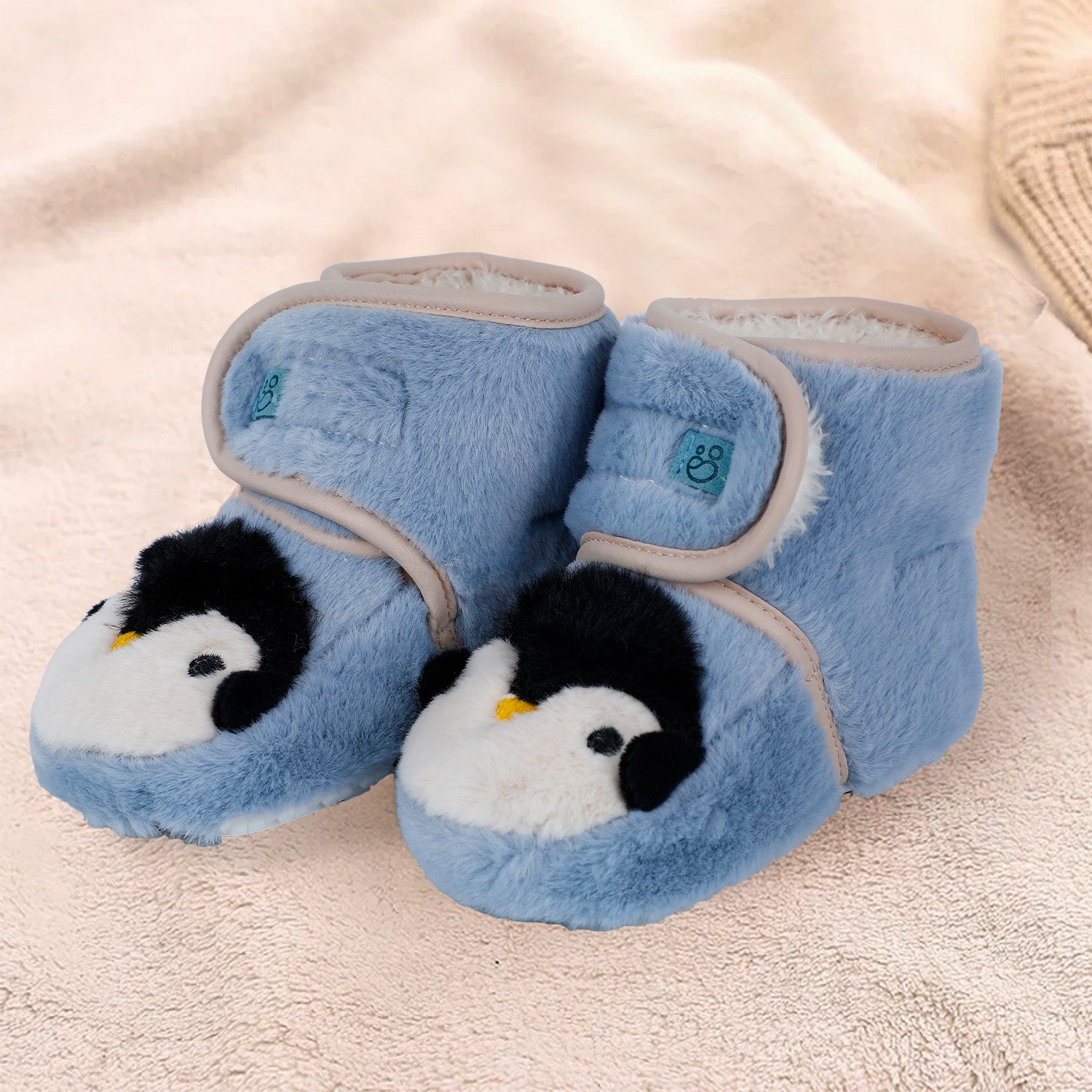 Baby Moo Penguin Warm Veclro Strap Fur Booties - Blue - Baby Moo