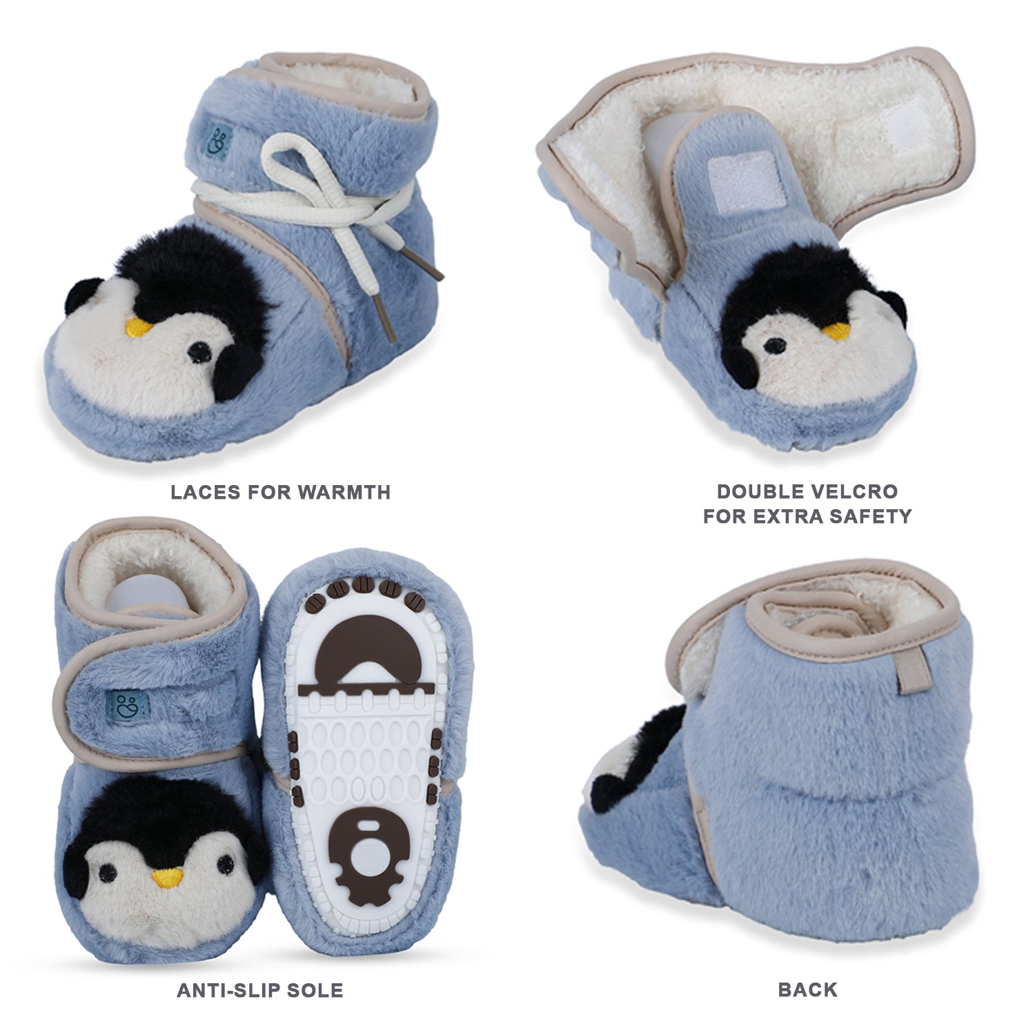 Baby Moo Penguin Warm Veclro Strap Fur Booties - Blue - Baby Moo