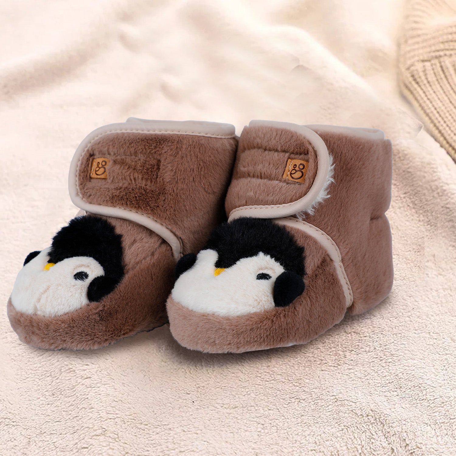 Baby Moo Penguin Warm Veclro Strap Fur Booties - Brown - Baby Moo
