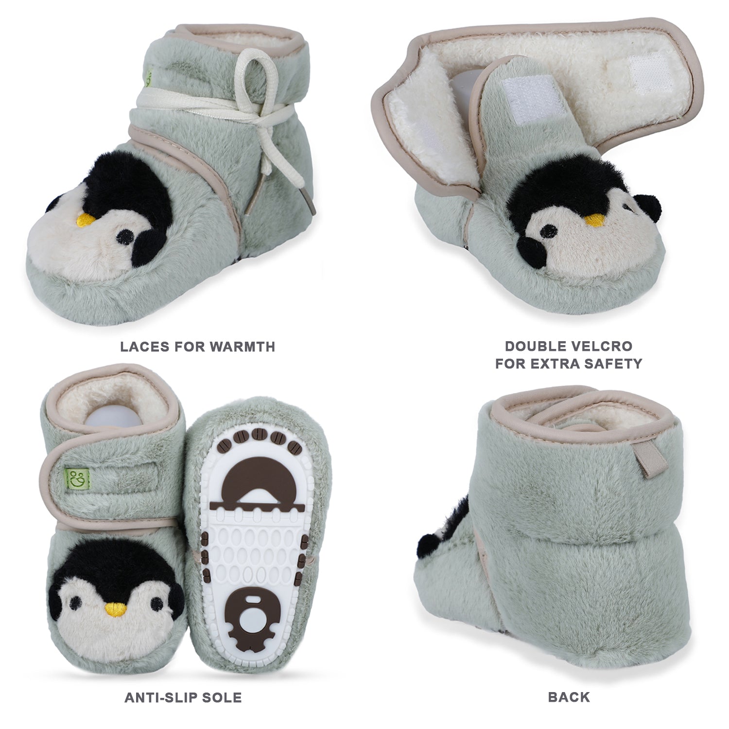 Baby Moo Penguin Warm Veclro Strap Fur Booties - Green - Baby Moo