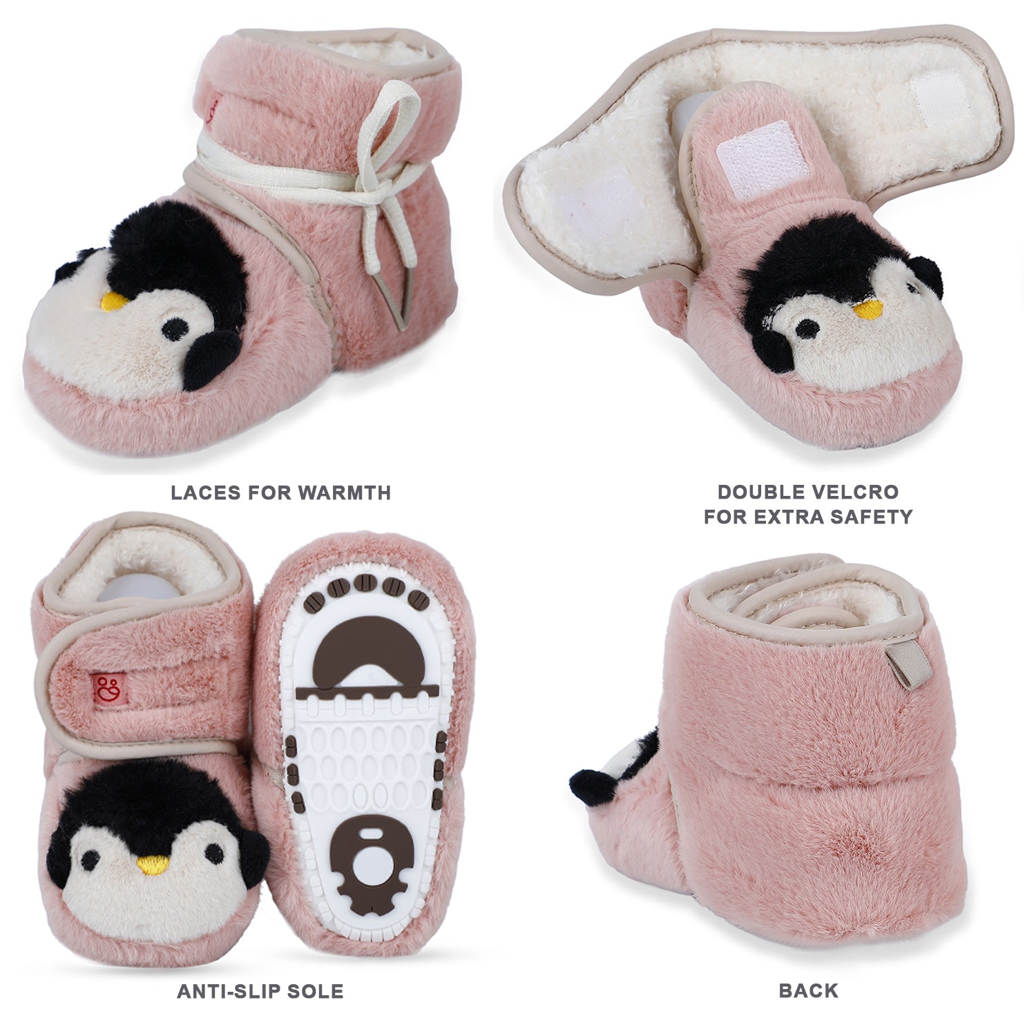 Baby Moo Penguin Warm Veclro Strap Fur Booties - Pink - Baby Moo