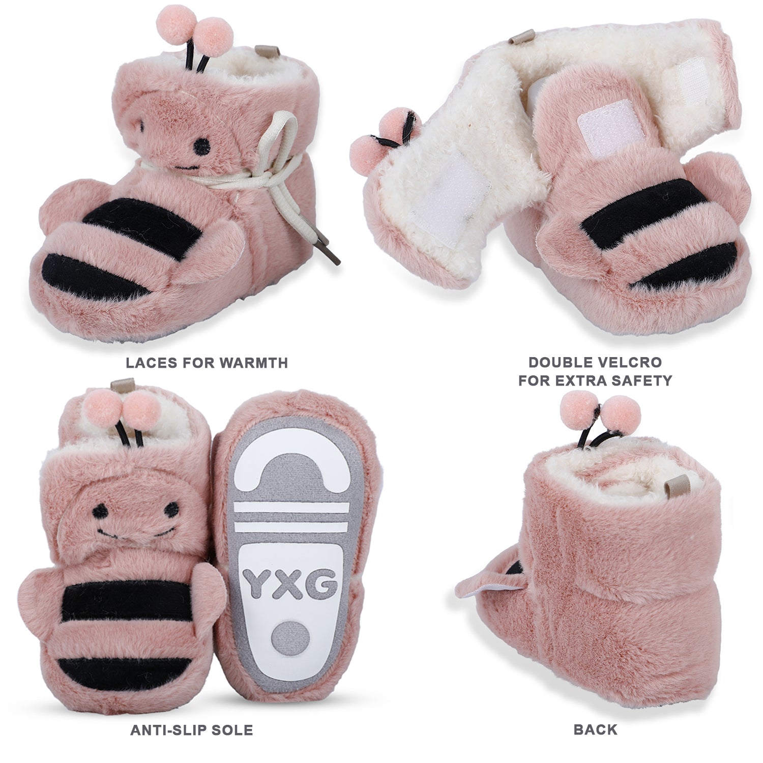 Baby Moo Bumble Bee 3D Warm Furry Booties - Pink - Baby Moo