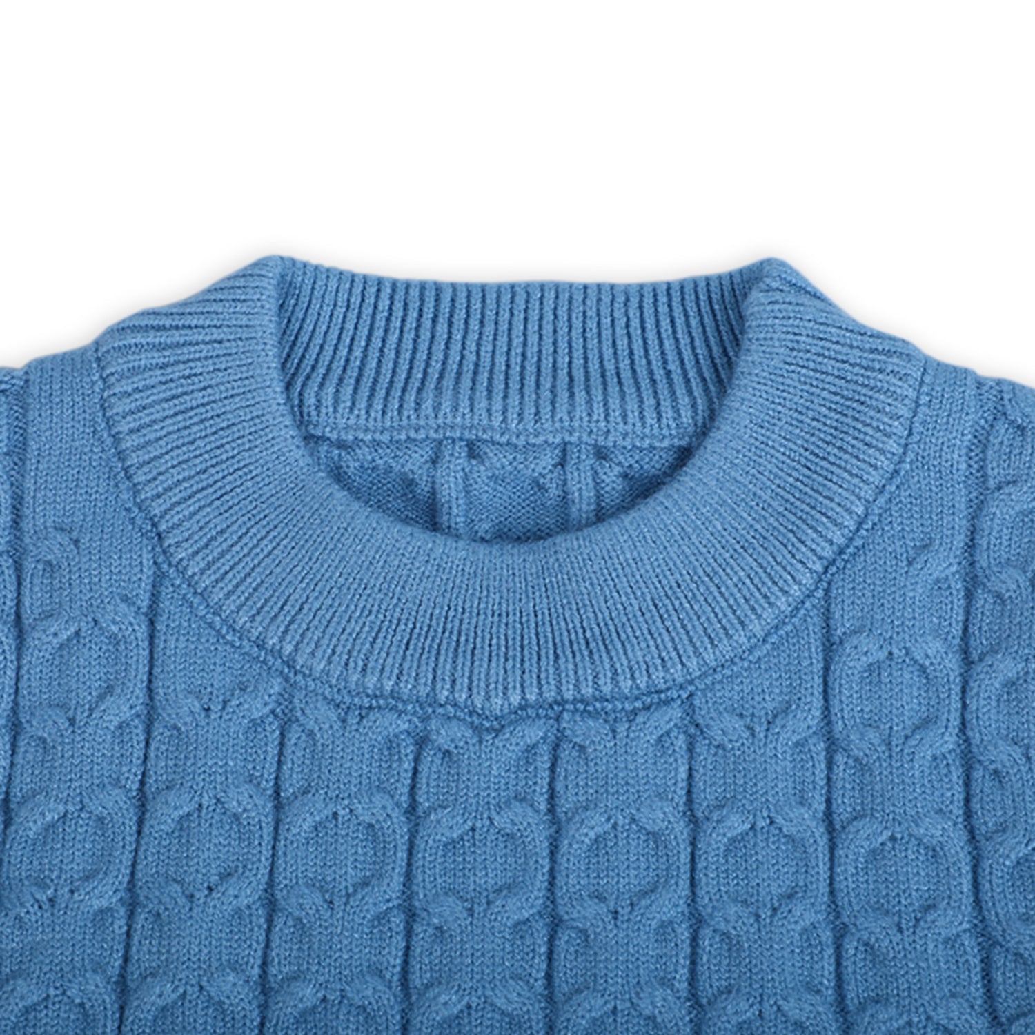 Classic Solid Round Neck Premium Full Sleeves Cable Knit Sweater - Blue