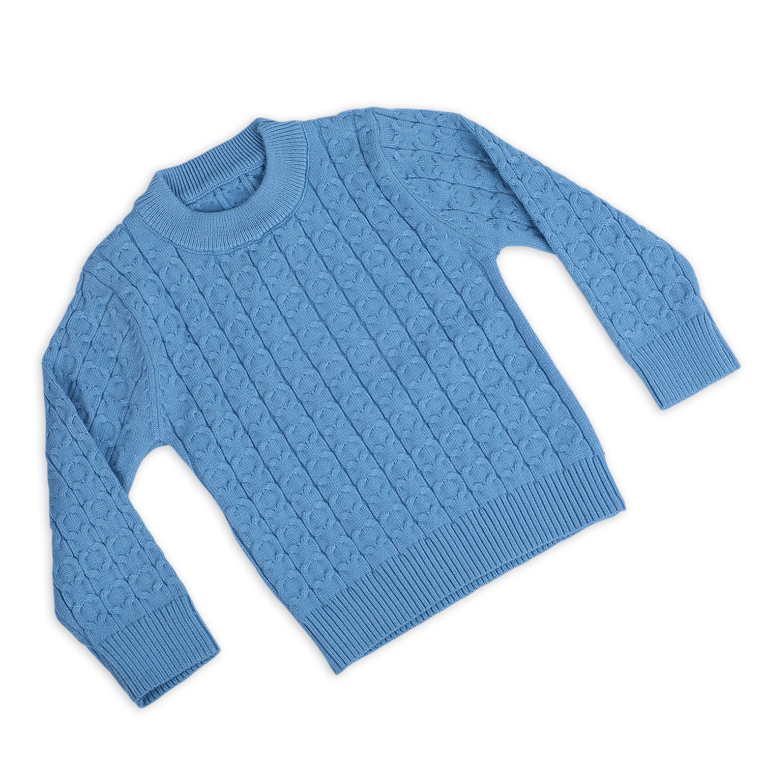Classic Solid Round Neck Premium Full Sleeves Cable Knit Sweater - Blue