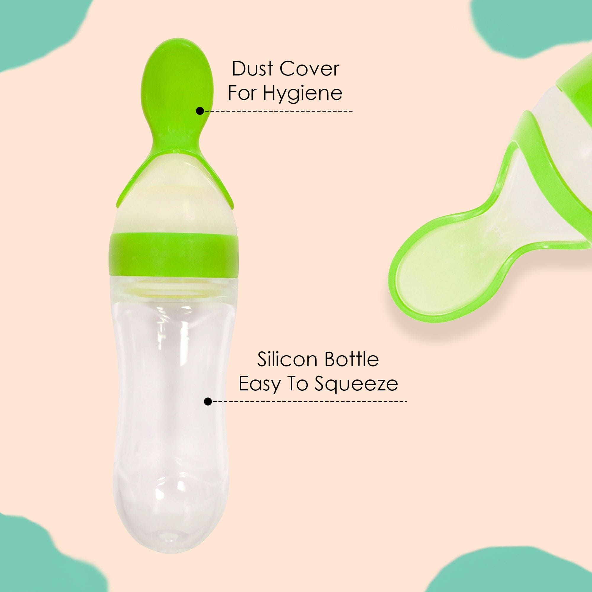 Green 90 Ml Squeeze Bottle Feeder With Dispensing Spoon