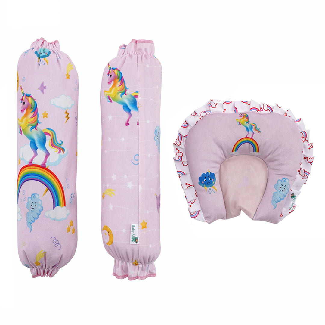 Baby Moo Unicorn Velvet Side Bolster And U Shape Matching Pillow Set - Pink - Baby Moo
