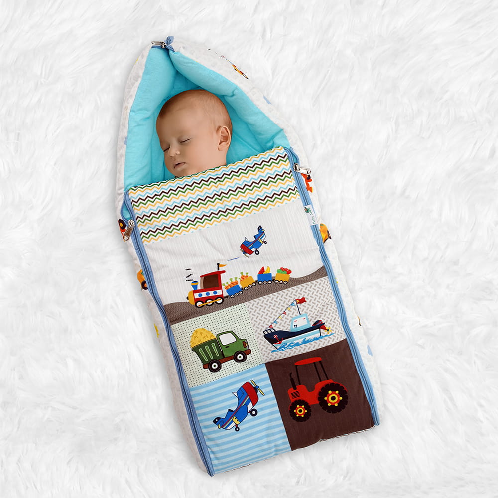 Baby Moo Truck And Car Premium Carry Nest Velvet With Hosiery Lining Sleeping Bag - Multicolour - Baby Moo