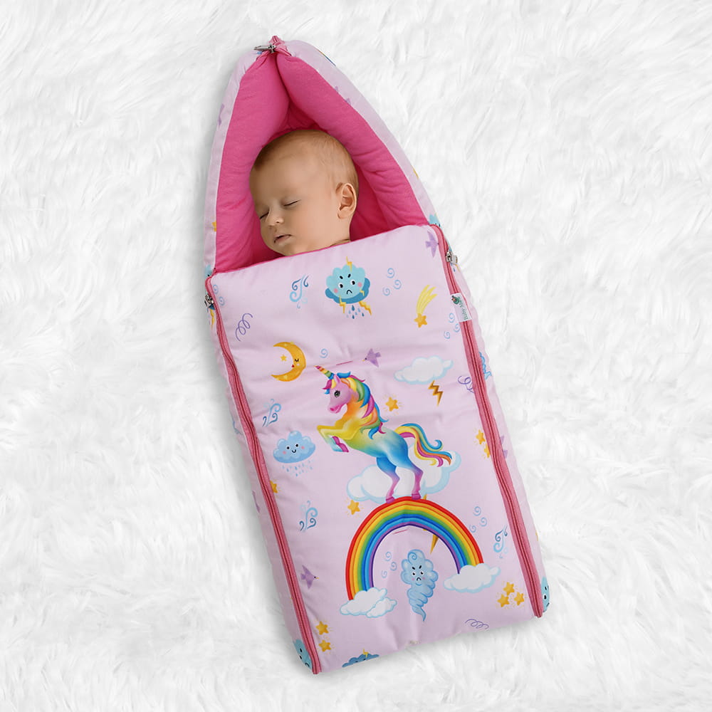 Baby Moo Unicorn Premium Carry Nest Velvet With Hosiery Lining Sleeping Bag - Pink