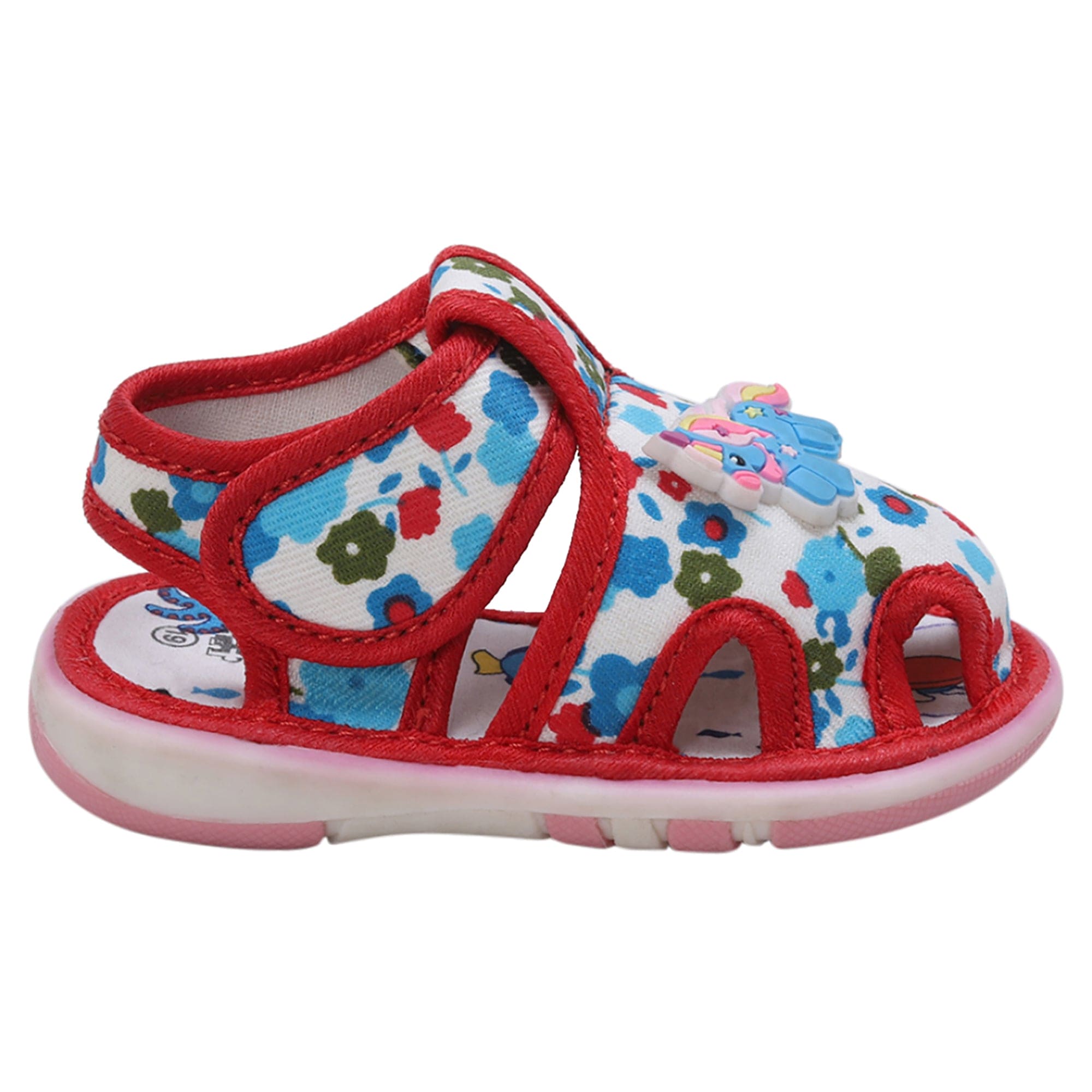 Baby Moo Unicorn Applique Floral Print Velcro Strap Anti-Skid Chu Chu Sound Sandals - Blue