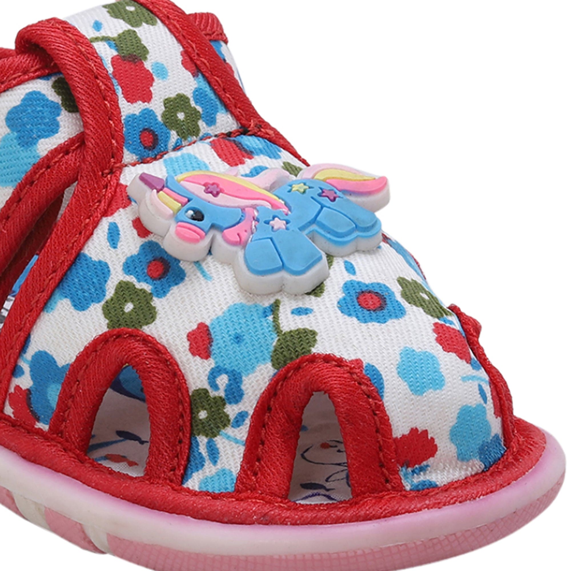 Baby Moo Unicorn Applique Floral Print Velcro Strap Anti-Skid Chu Chu Sound Sandals - Blue