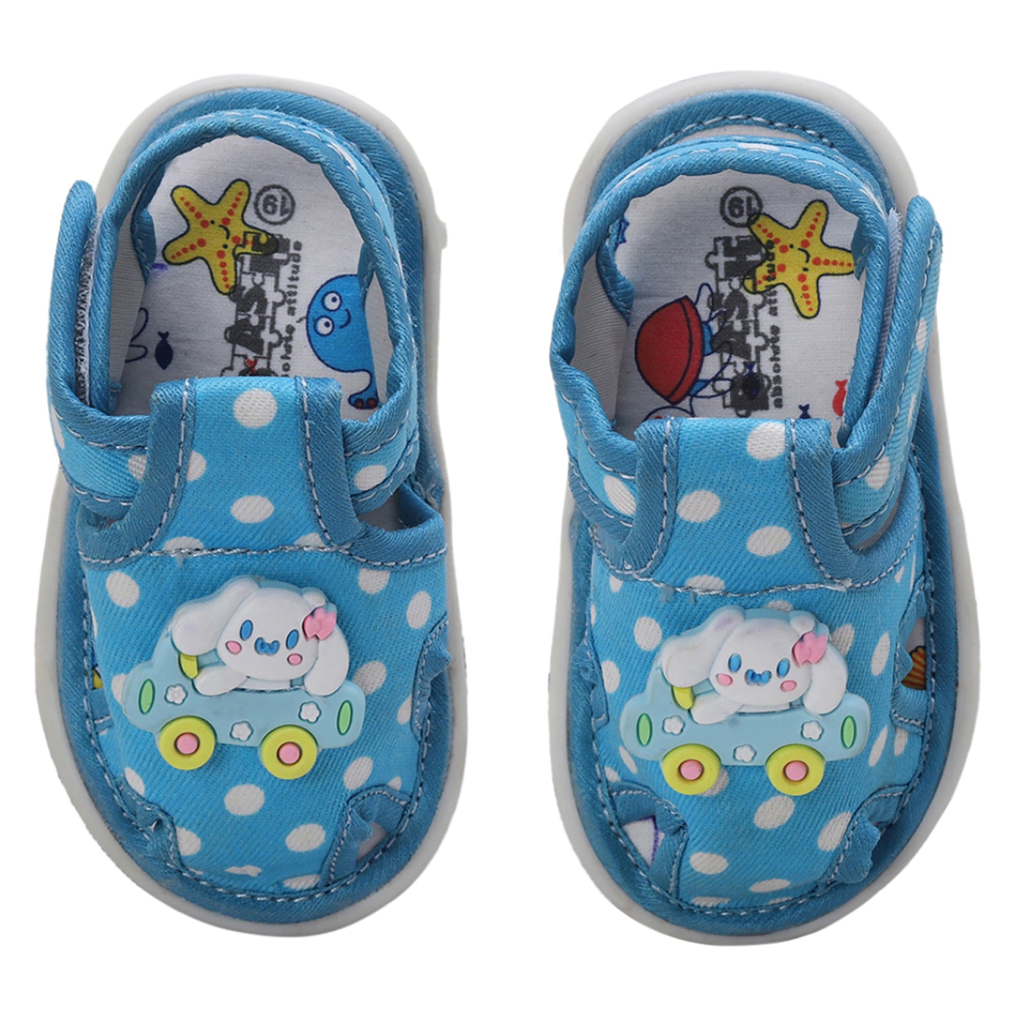 Baby Moo Puppy In Car Polka Dot Velcro Strap Anti-Skid Chu Chu Sound Sandals - Blue