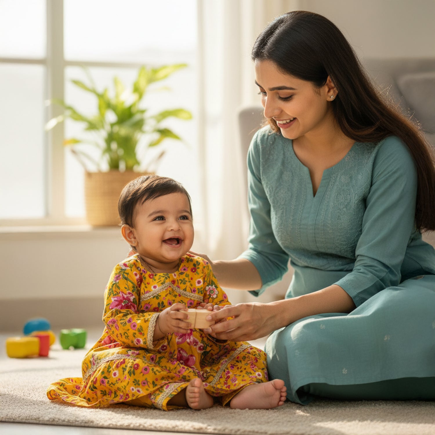 Baby Moo Big Floral Print Cotton Girls Two Piece Girls Kurta Pant Set - Yellow