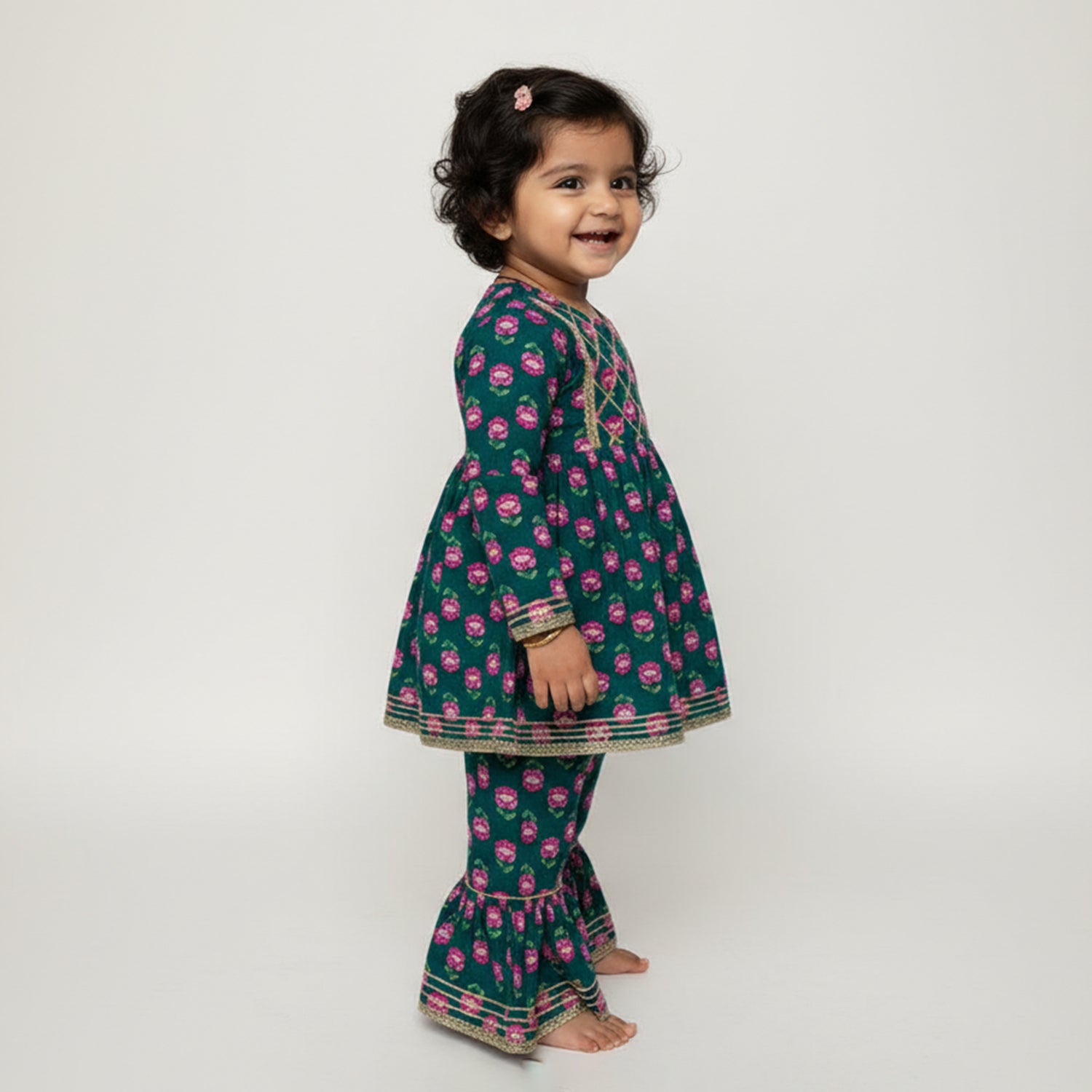 Baby Moo Floral Print Cotton Girls Two Piece Kurti Sharara Set - Green