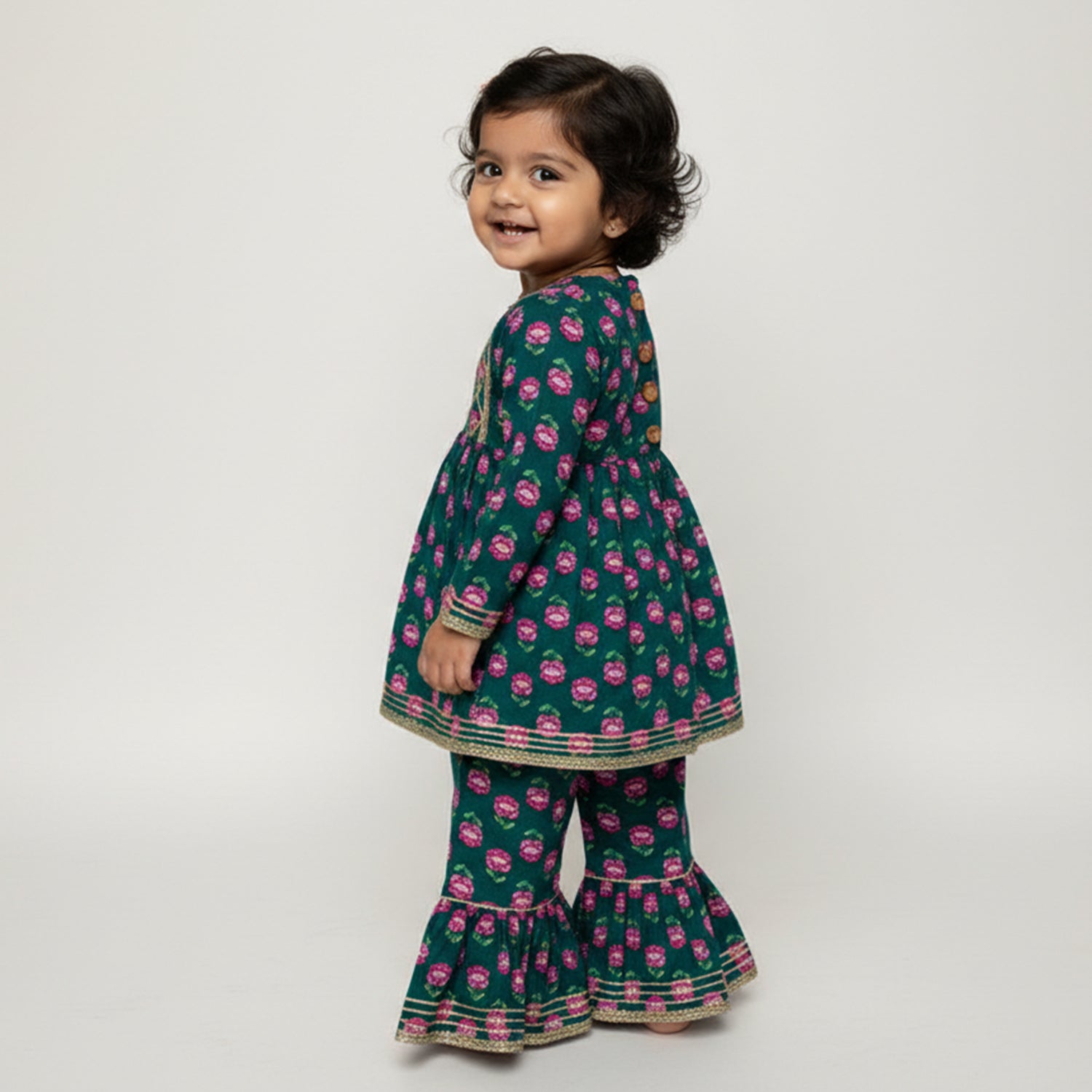 Baby Moo Floral Print Cotton Girls Two Piece Kurti Sharara Set - Green
