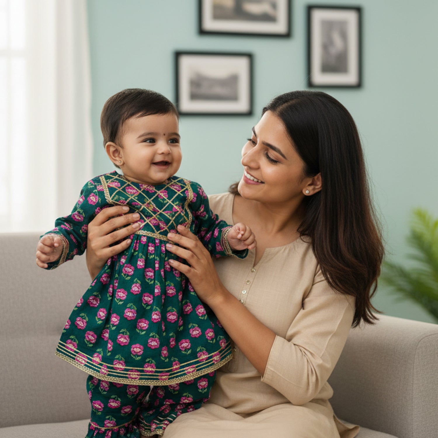 Baby Moo Floral Print Cotton Girls Two Piece Kurti Sharara Set - Green