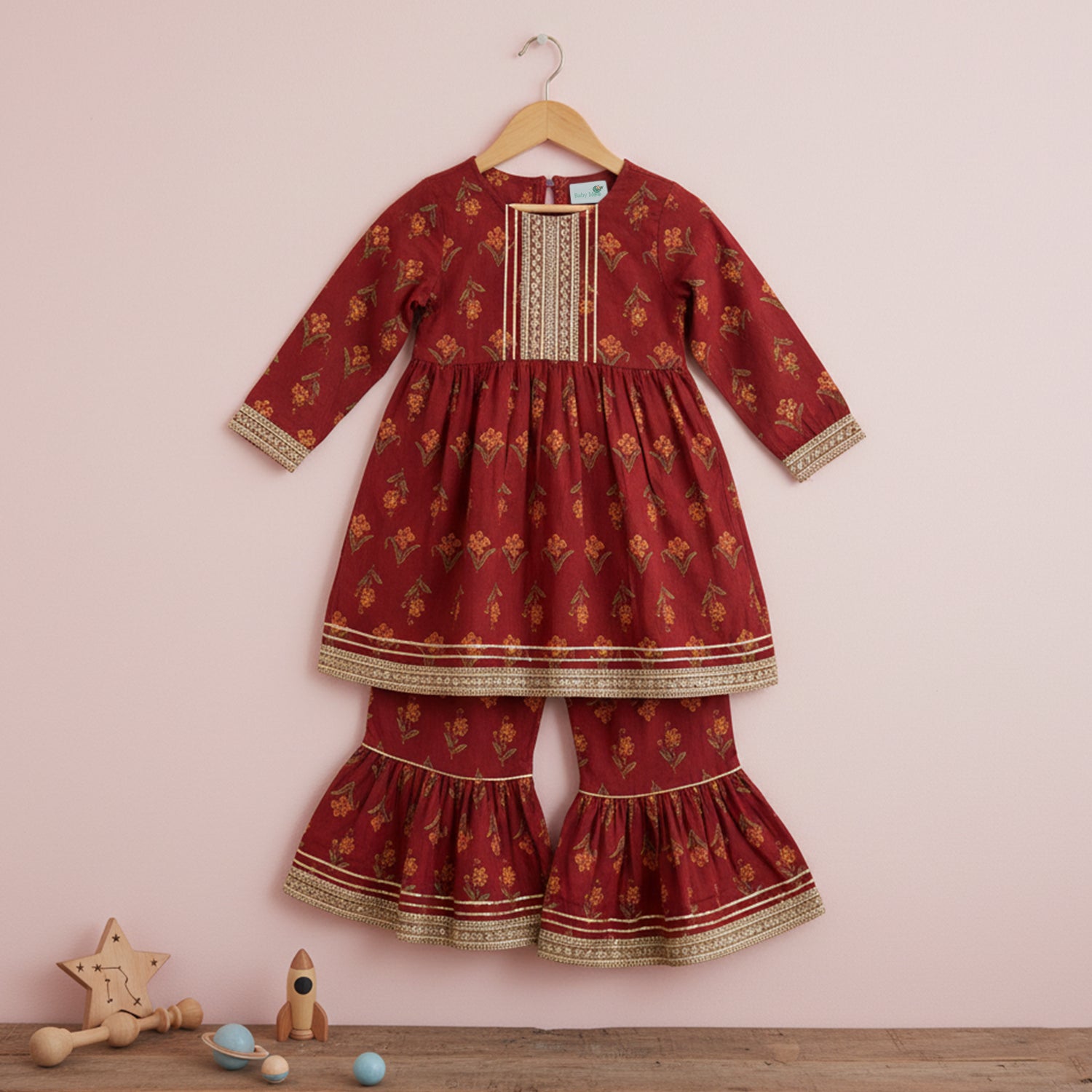 Baby Moo Floral Print Cotton Girls Two Piece Kurti Sharara Set - Red