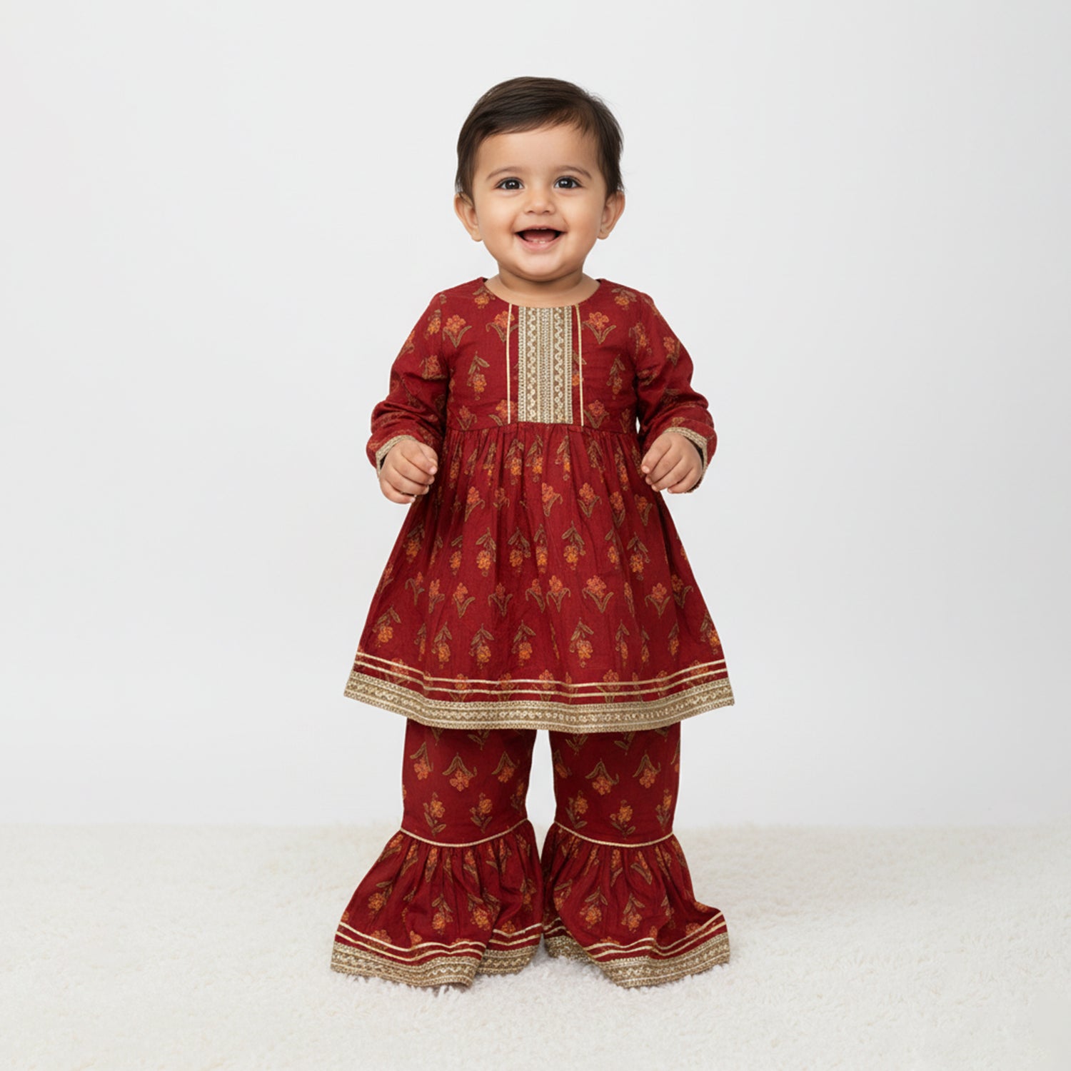 Baby Moo Floral Print Cotton Girls Two Piece Kurti Sharara Set - Red