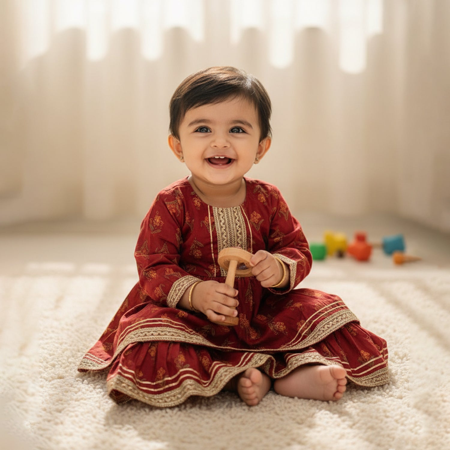 Baby Moo Floral Print Cotton Girls Two Piece Kurti Sharara Set - Red